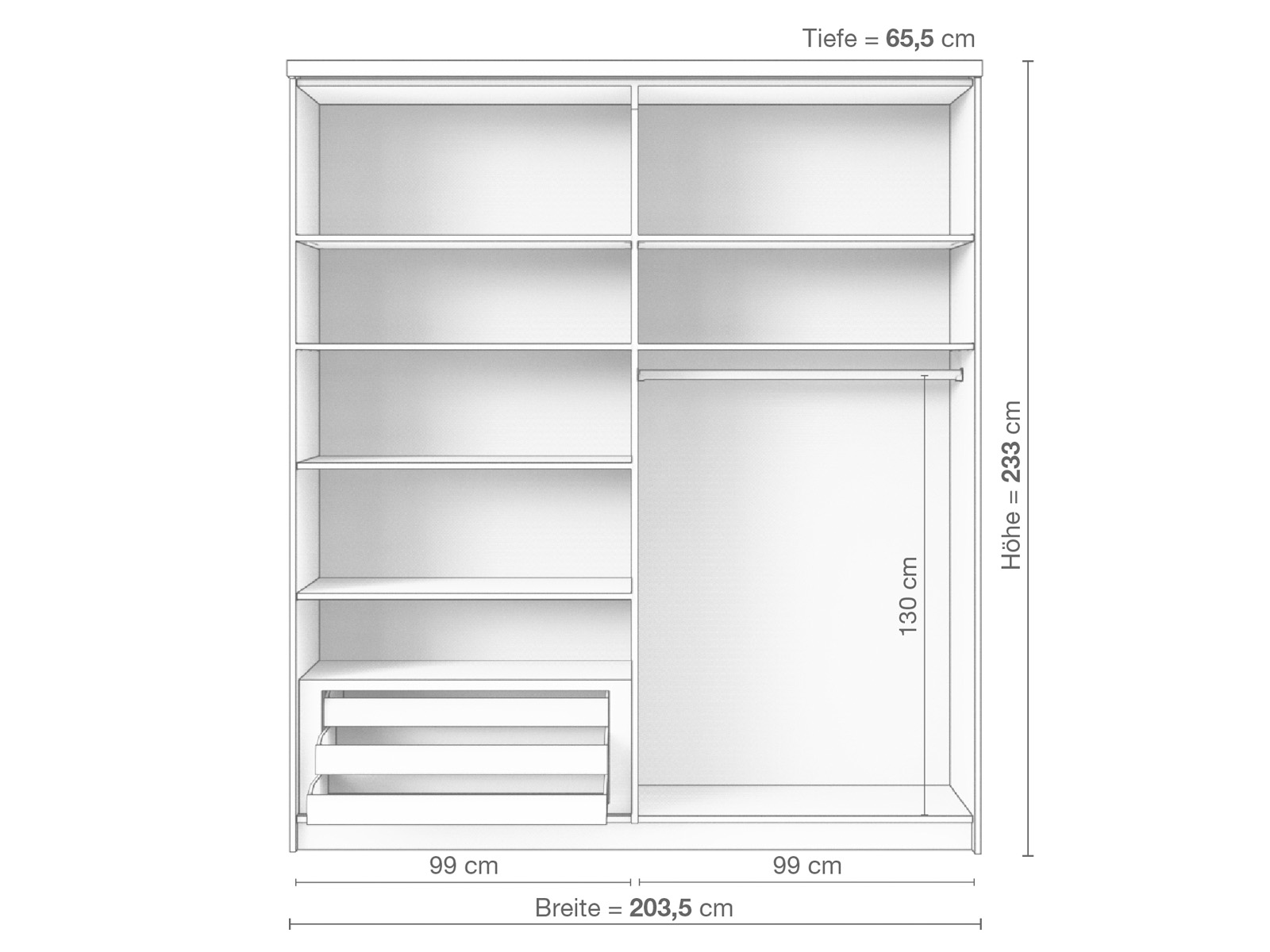 Zirbenschrank „Alpenrose", 2-türig breit, Höhe 233 cm, Inneneinrichtung E