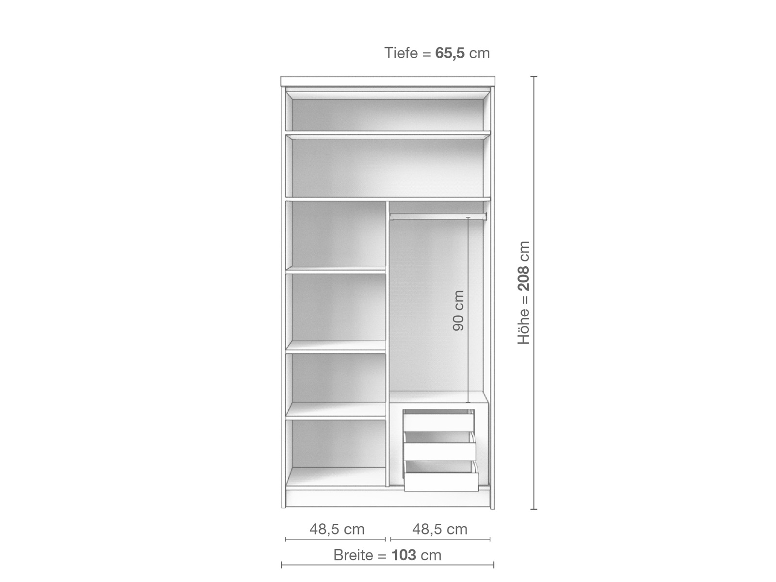 Zirbenschrank „Edelweiß", 2-türig schmal, Höhe 208 cm, Inneneinrichtung D