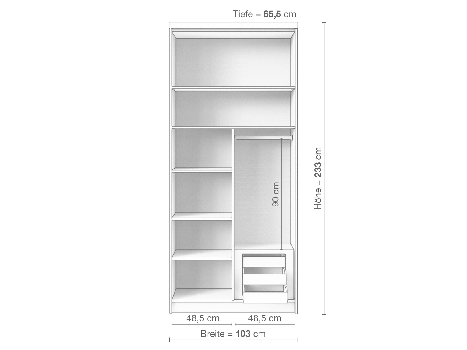 Zirbenschrank „Edelweiß", 2-türig schmal, Höhe 233 cm, Inneneinrichtung D
