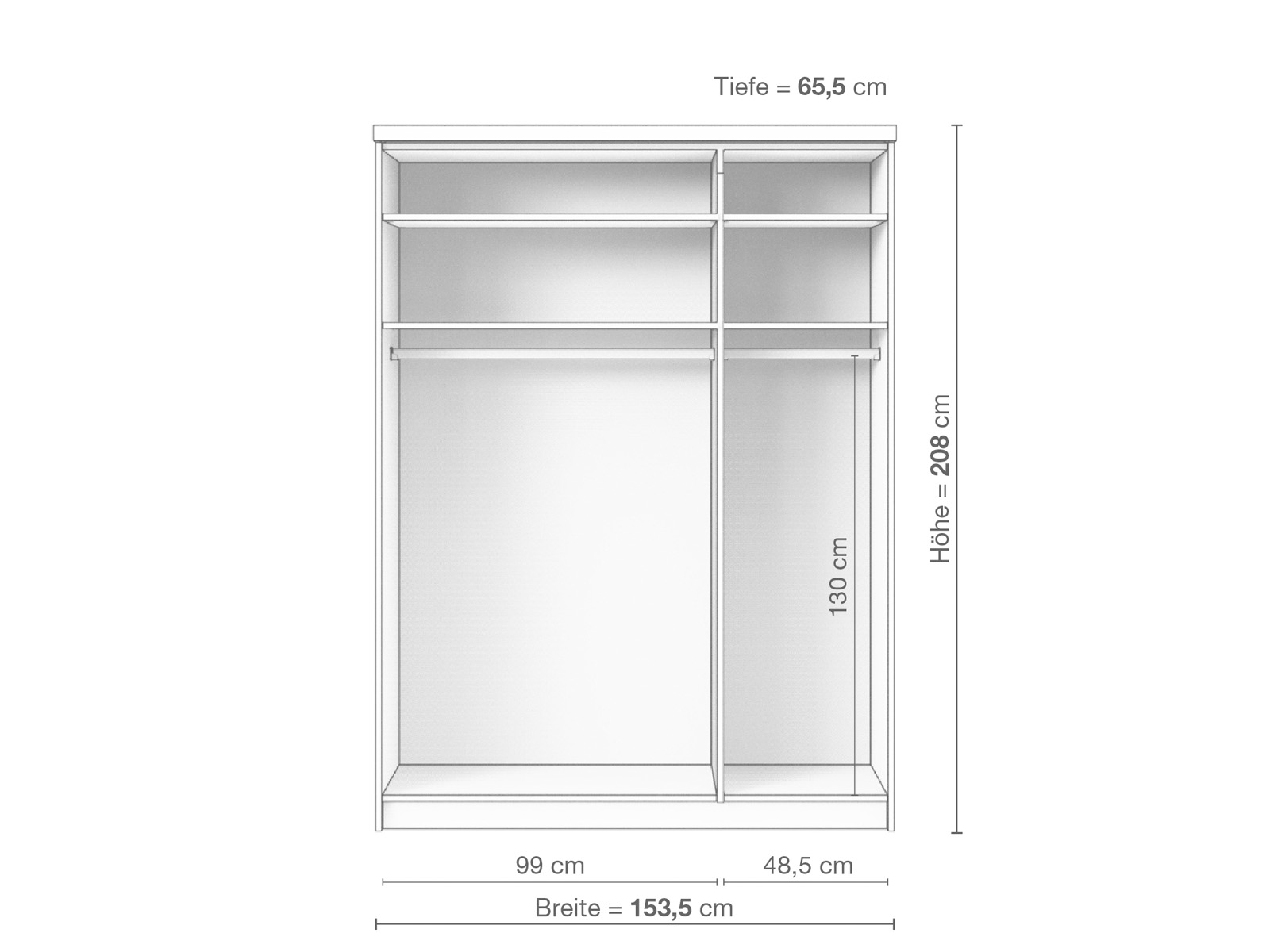 Zirbenschrank „Oskar", 3-türig schmal, Höhe 208 cm, Inneneinrichtung A