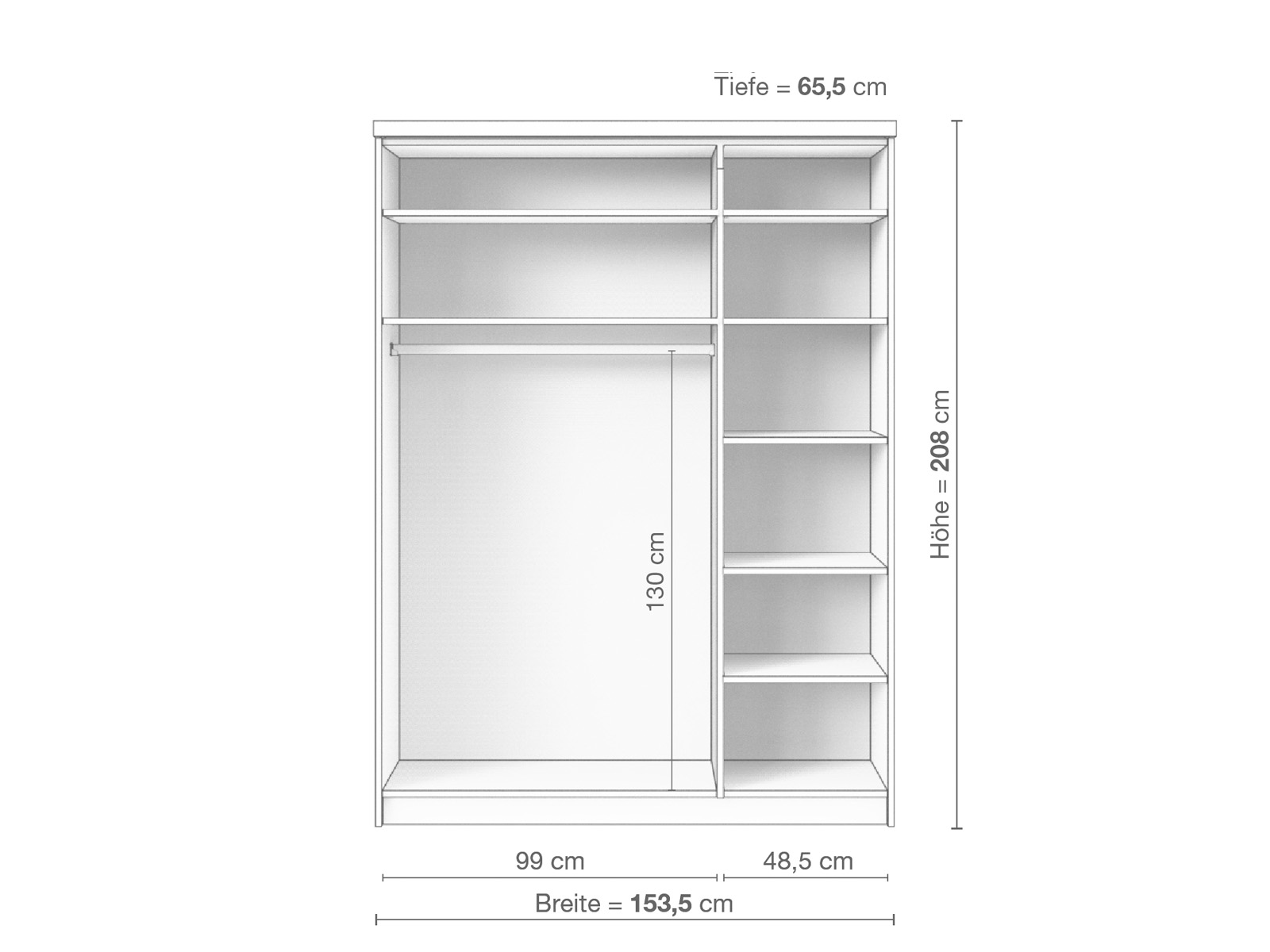 Zirbenschrank „Edelweiß", 3-türig schmal, Höhe 208 cm, Inneneinrichtung B