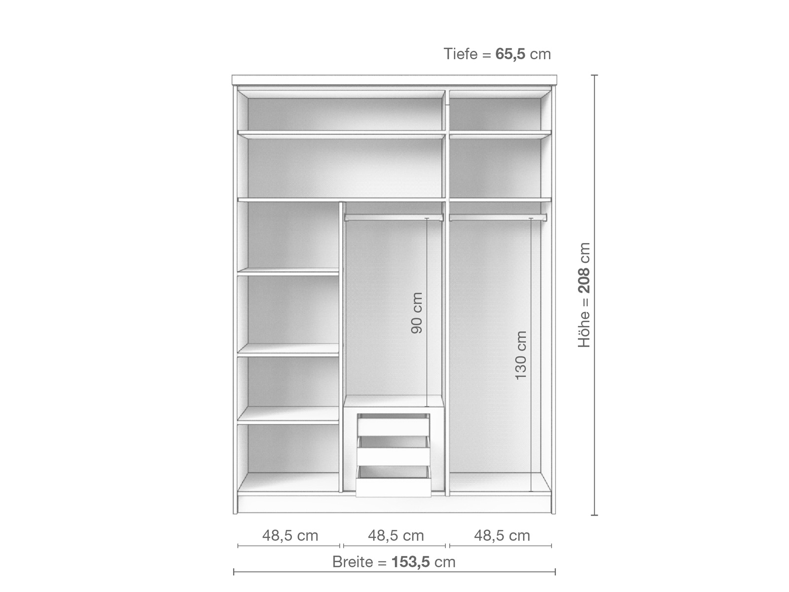 Zirbenschrank „Edelweiß", 3-türig schmal, Höhe 208 cm, Inneneinrichtung D