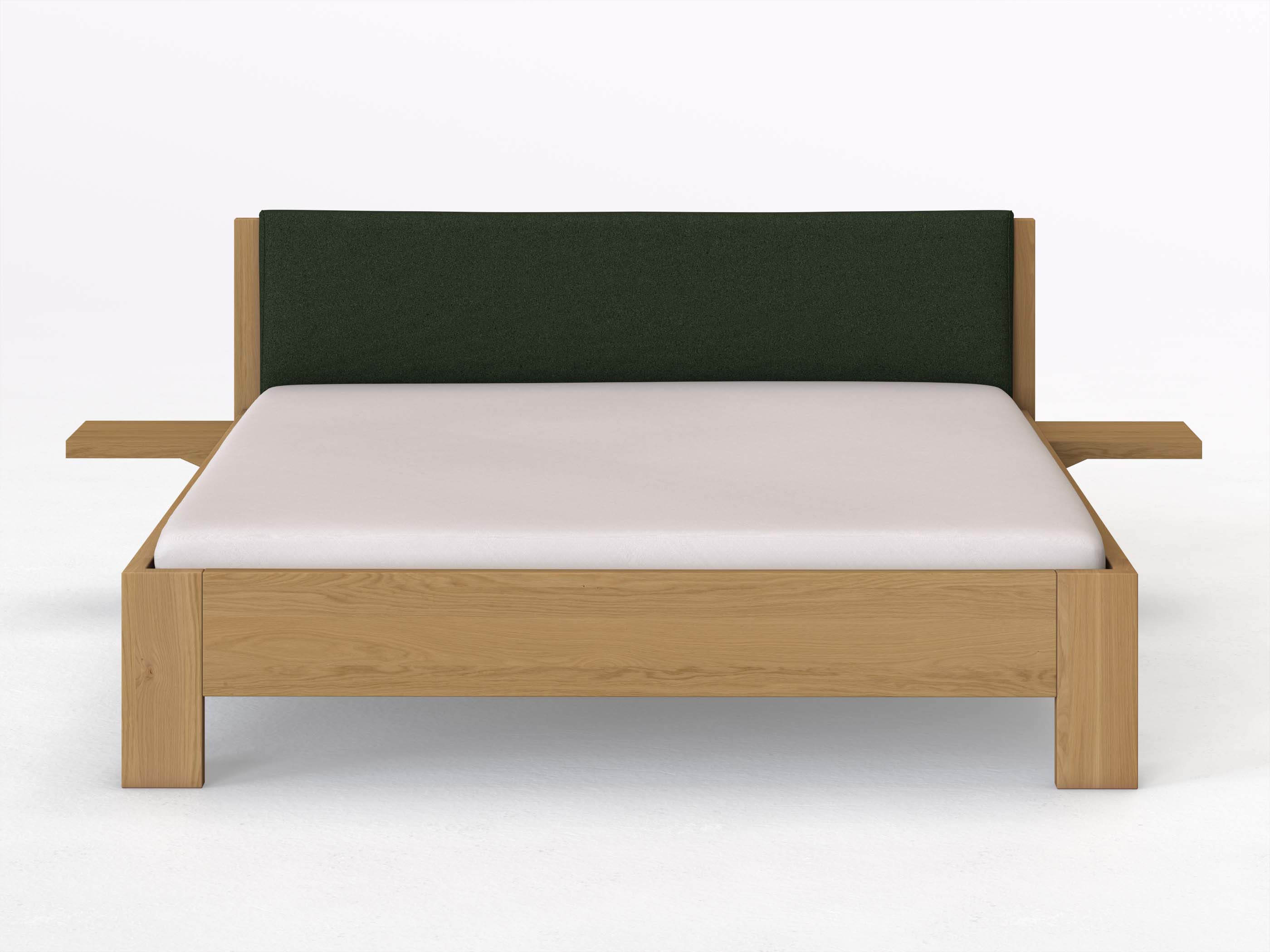Eichenbett Hell „Alois“ in 180 x 200 cm mit 2 Ablagen und Stoffkopfteil - Stoff: Schafschurwolle „Loden“ in der Farbe Tannenwald