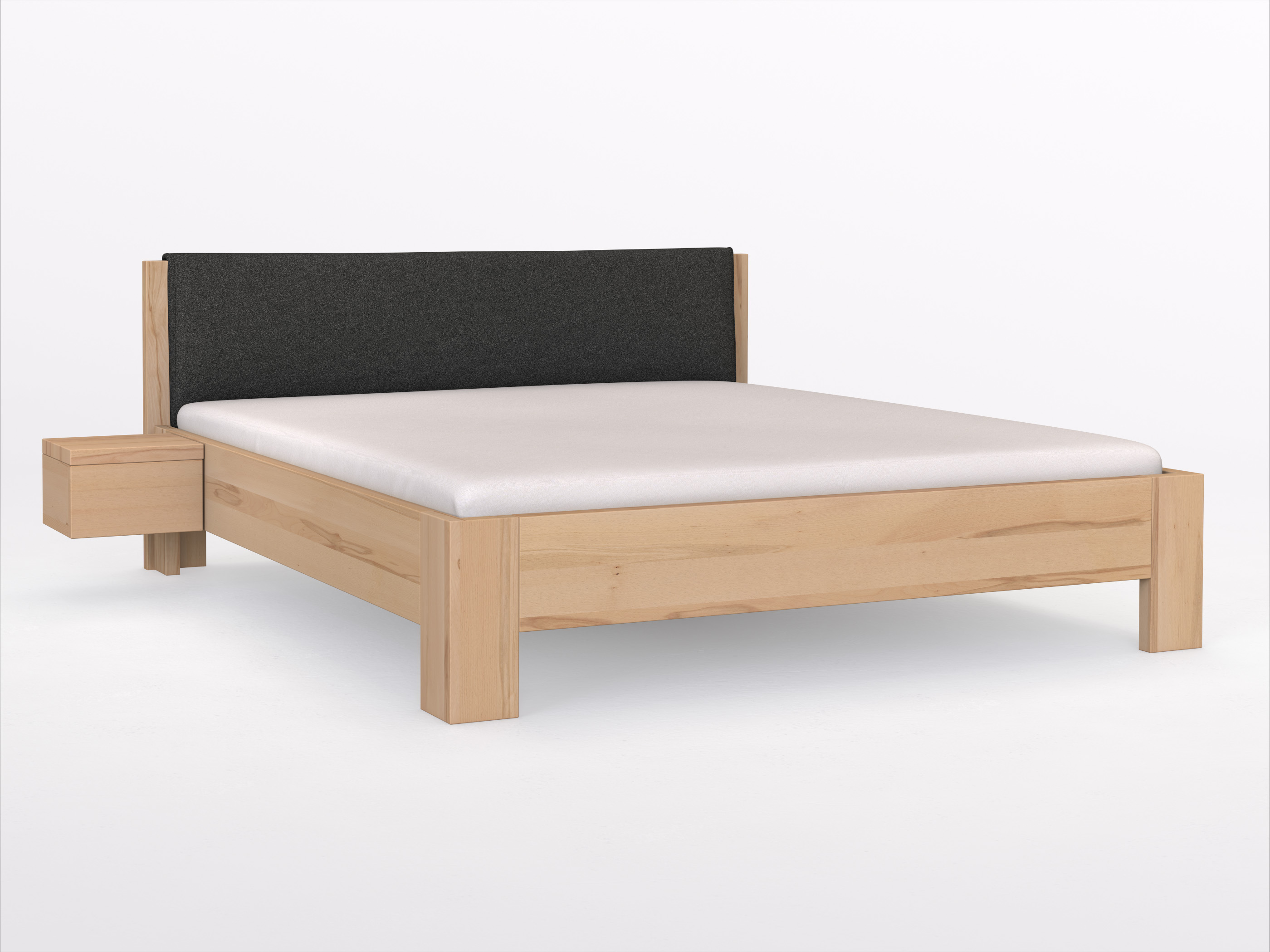Kernbuchenbett „Alois“ in 180 x 200 cm, mit Stoffkopfteil - Stoff: Schafschurwolle „Loden“ in der Farbe Anthrazit