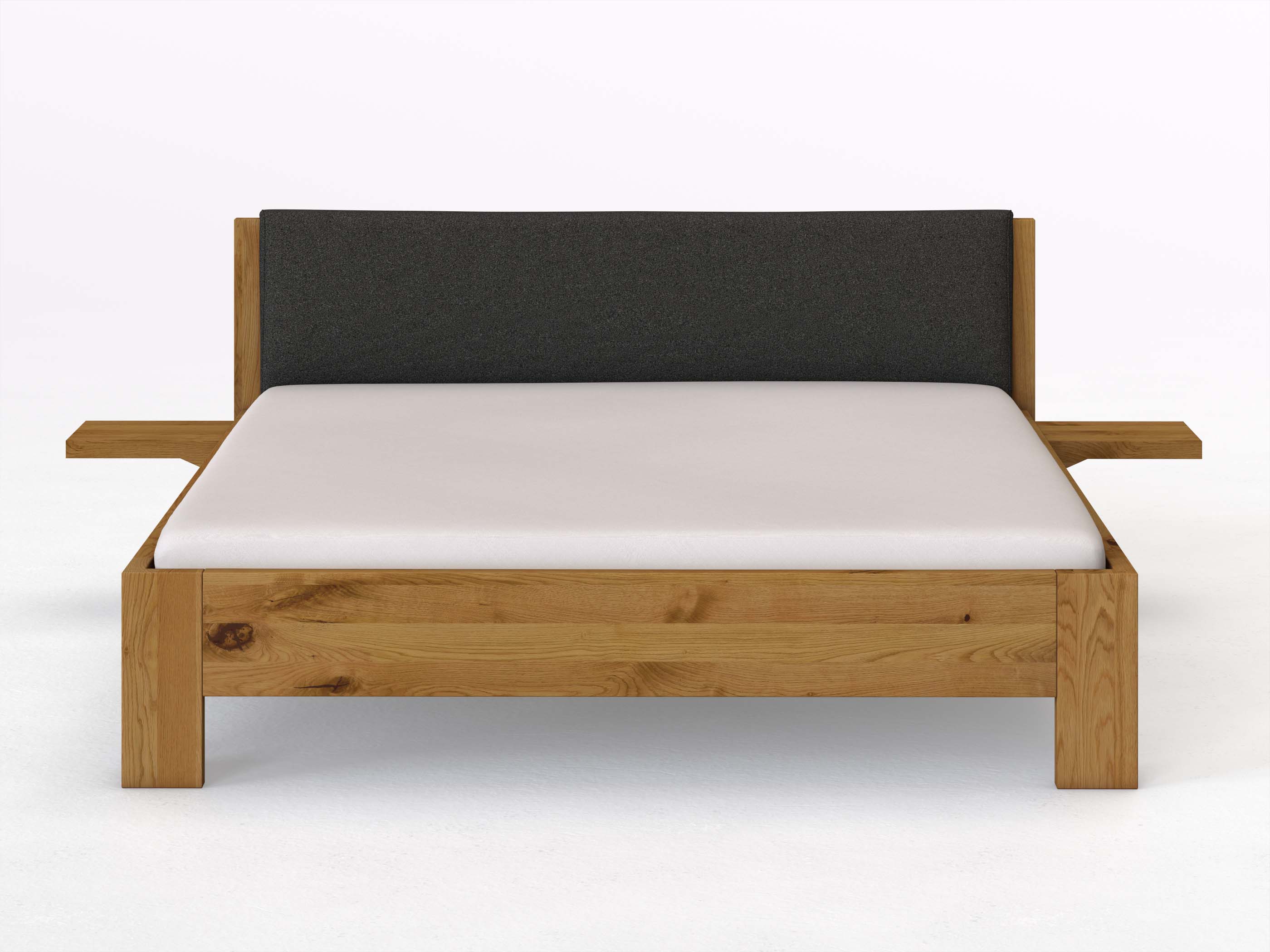 Wildeichenbett „Alois“ in 180 x 200 cm mit 2 Ablagen und Stoffkopfteil - Stoff: Schafschurwolle „Loden“ in der Farbe Anthrazit