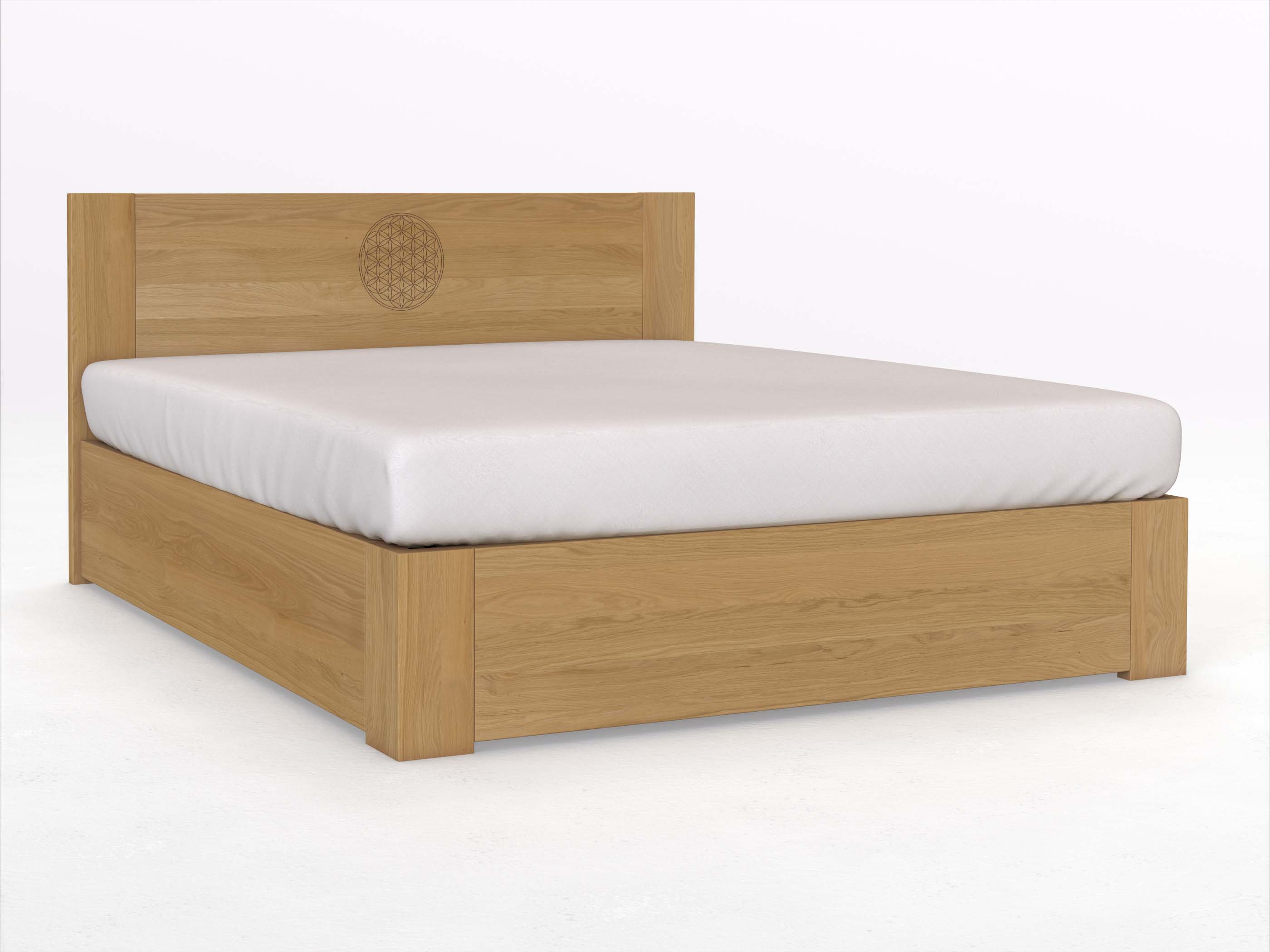 Eichenbett Hell „Alois“ Boxspring 180 x 200 cm mit Gravur „Blume des Lebens“, ohne Unterbettkommode
