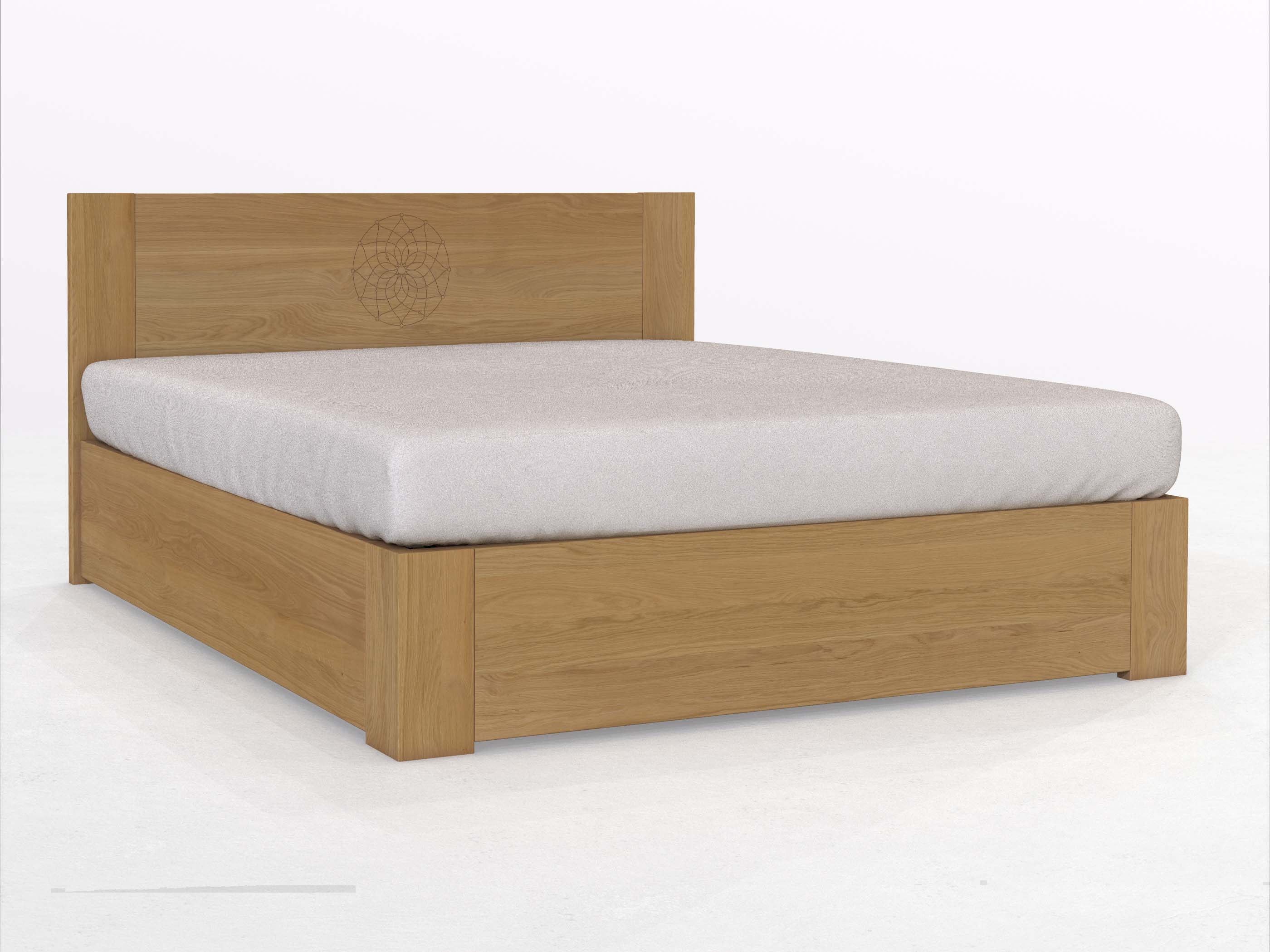 Eichenbett Hell „Alois“ Boxspring 180 x 200 cm mit Gravur „Traumfänger“, ohne Unterbettkommode