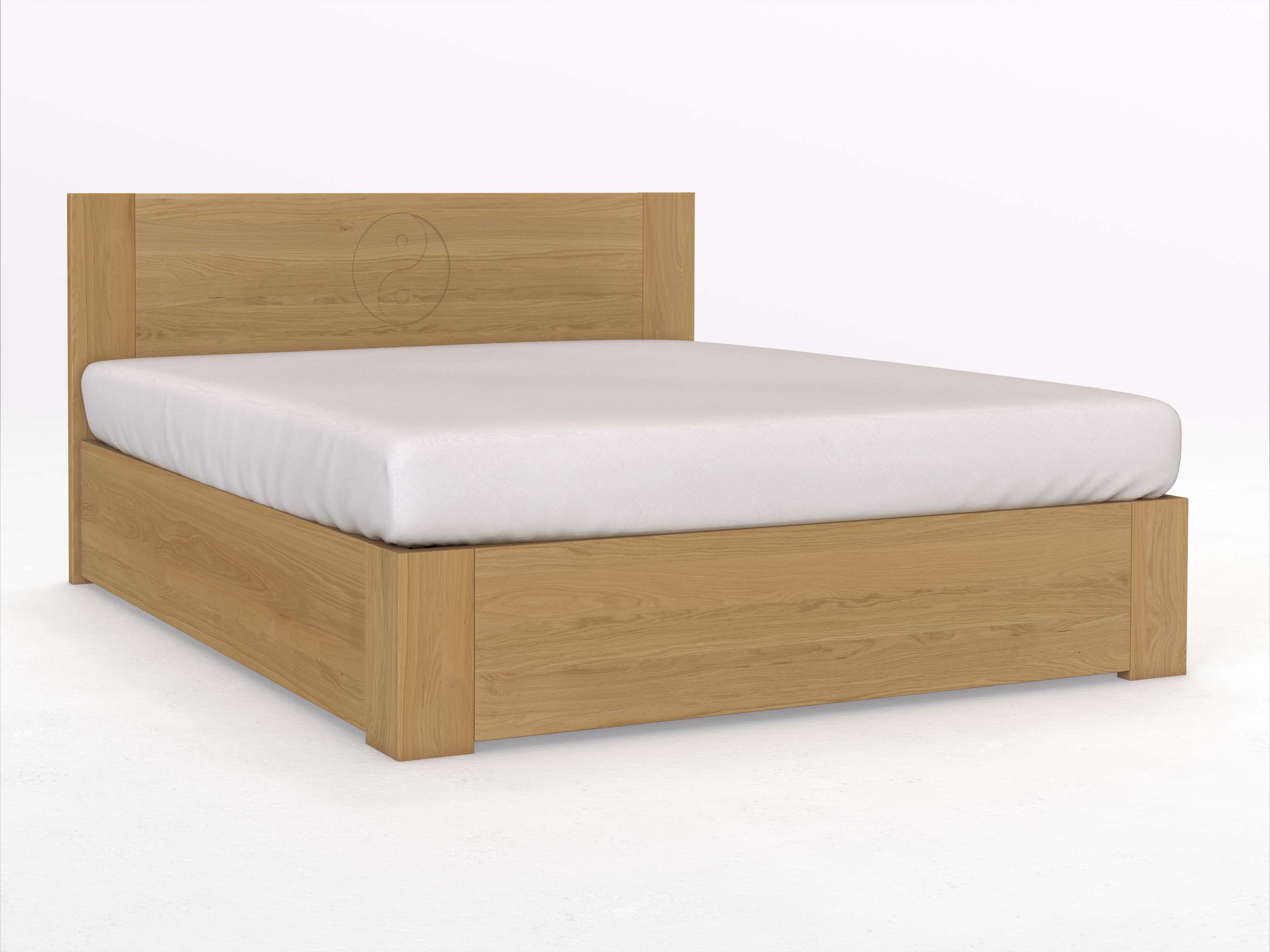 Eichenbett Hell „Alois“ Boxspring 180 x 200 cm mit Gravur „Yin Yang“, ohne Unterbettkommode