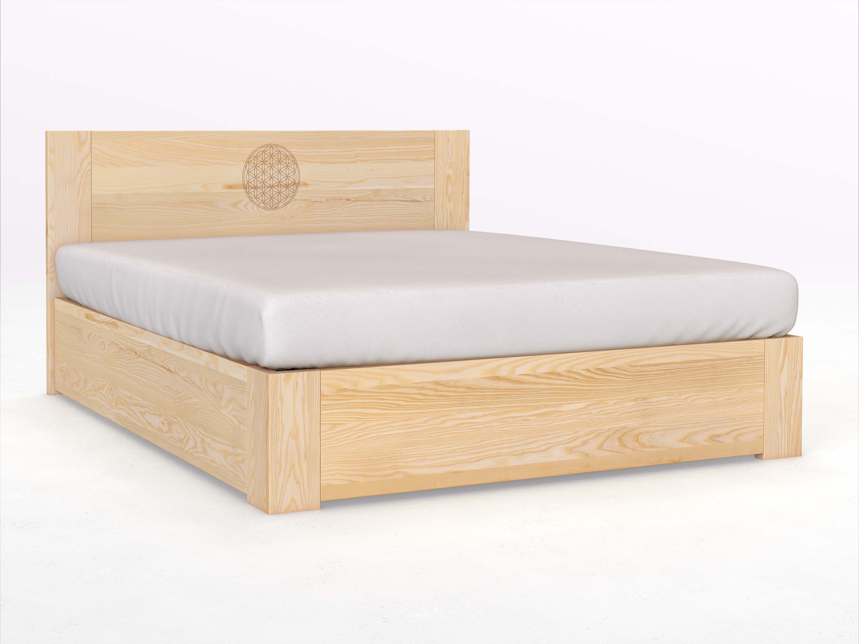 Eschenbett „Alois“ Boxspring 180 x 200 cm mit Gravur „Blume des Lebens“, ohne Unterbettkommode