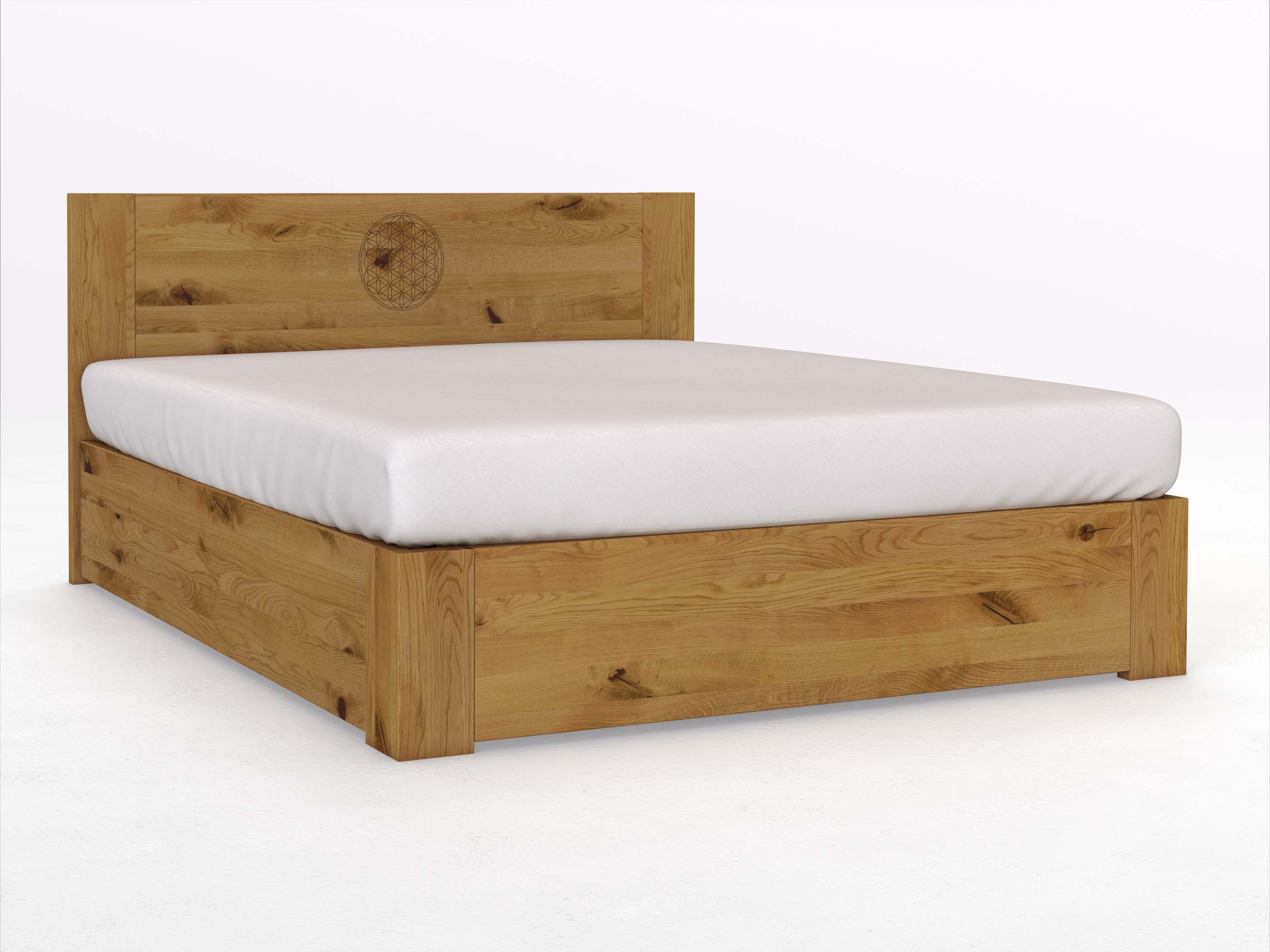 Wildeichenbett „Alois“ Boxspring 180 x 200 cm mit Gravur „Blume des Lebens“, ohne Unterbettkommode