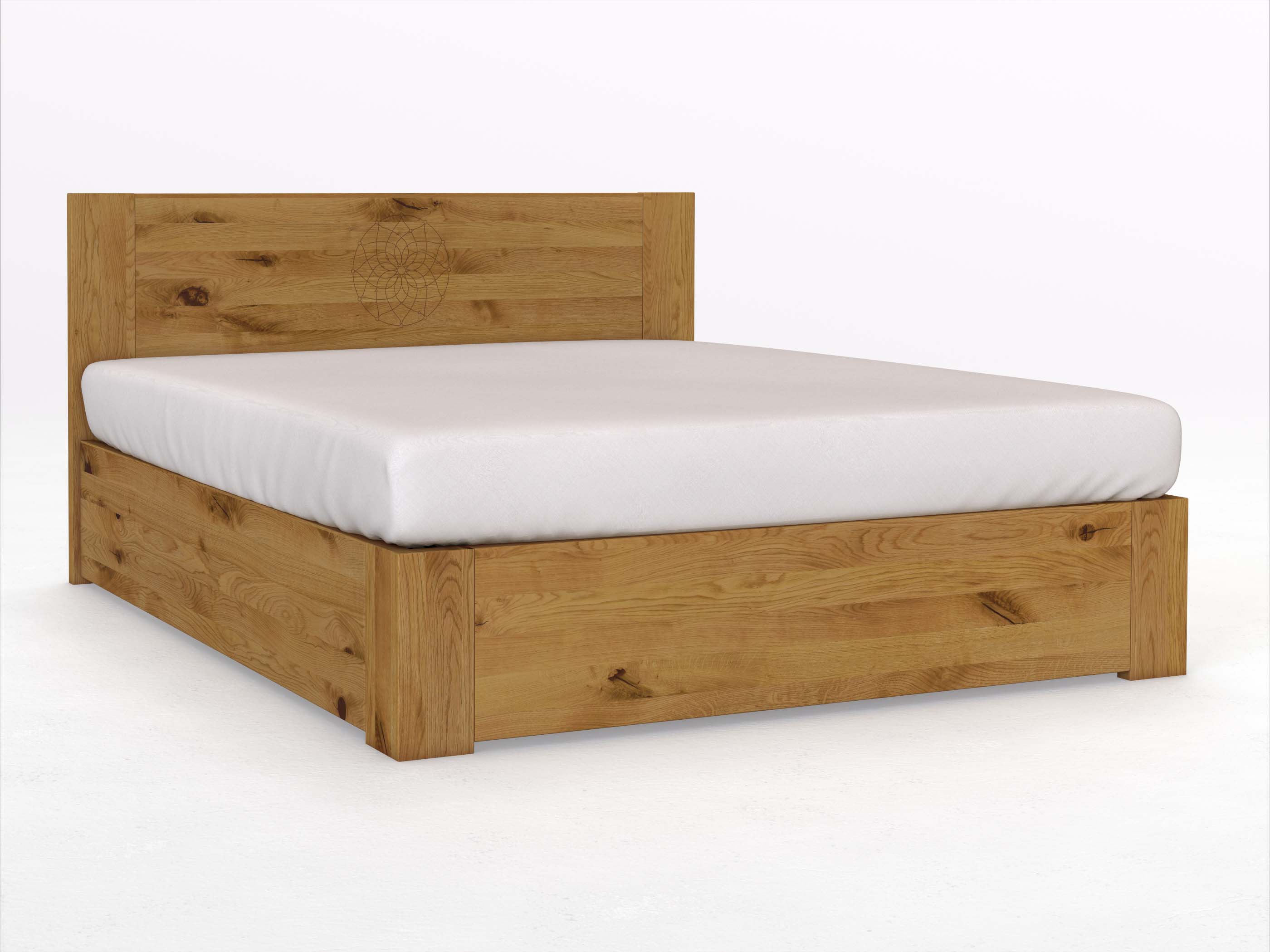 Wildeichenbett „Alois“ Boxspring 180 x 200 cm mit Gravur „Traumfänger“, ohne Unterbettkommode