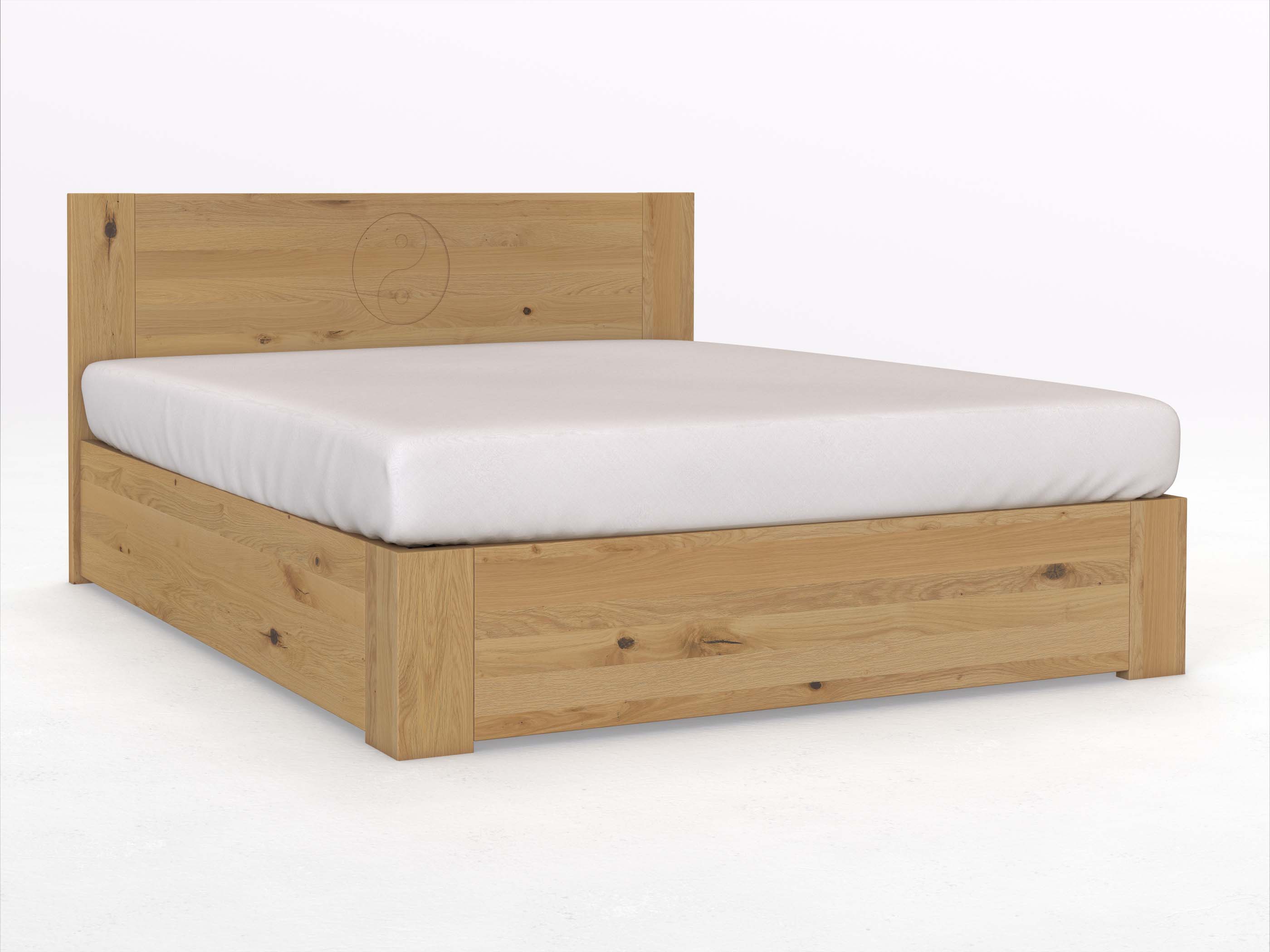 Wildeichenbett Hell „Alois“ Boxspring 180 x 200 cm mit Gravur „Yin Yang“, ohne Unterbettkommode
