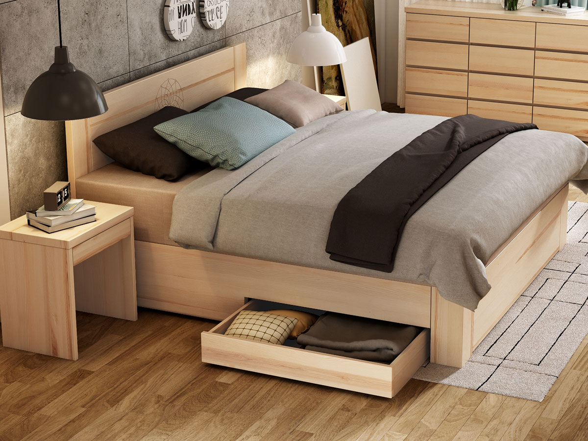 Schlafzimmer mit Eschenholzbett „Alois" Boxspring mit Gravur