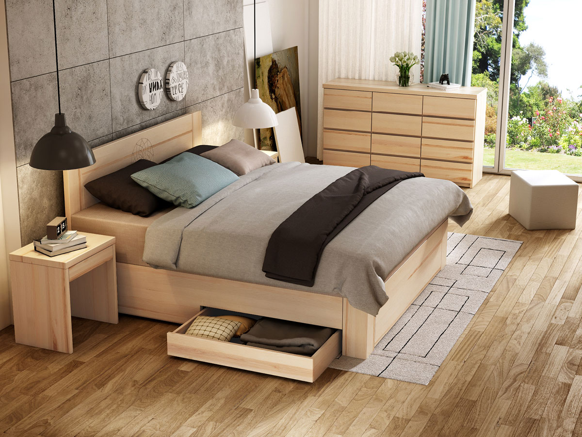 Schlafzimmer mit Eschenholzbett „Alois" Boxspring mit Gravur