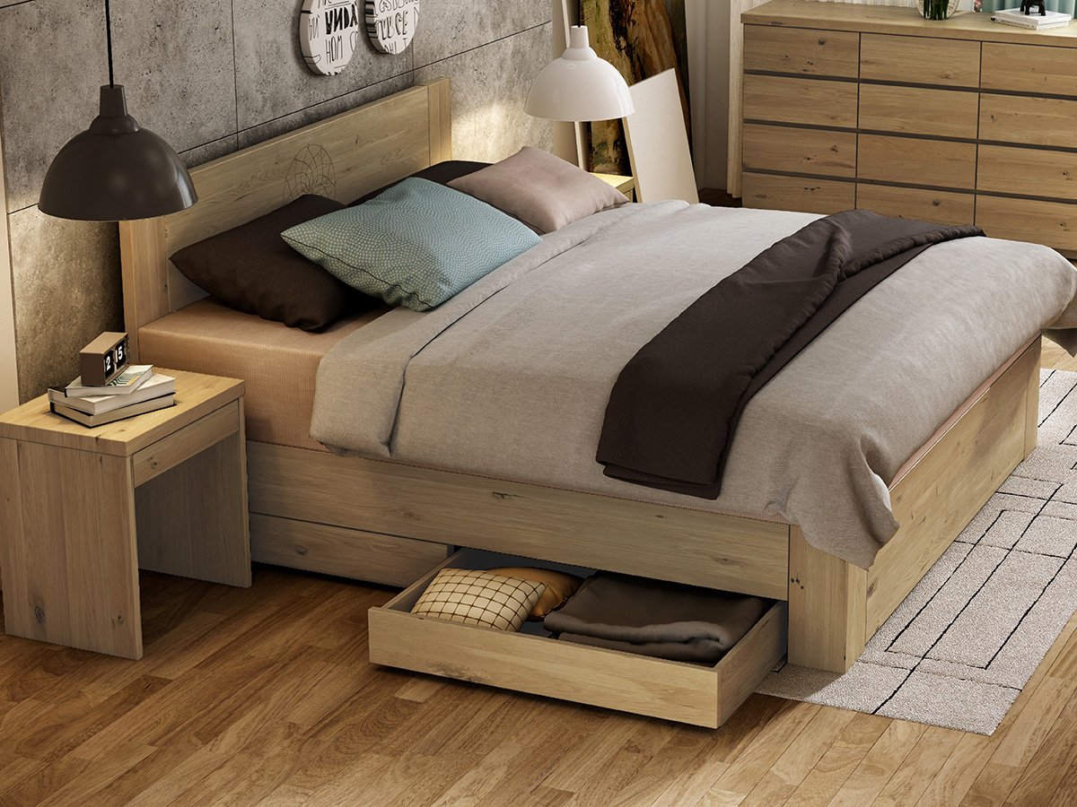 Schlafzimmer mit Wildeichenholzbett „Alois" Boxspring mit Gravur