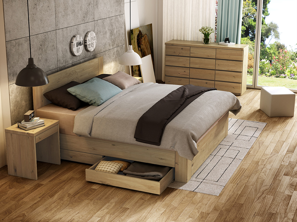 Schlafzimmer mit Wildeichenholzbett „Alois" Boxspring mit Gravur