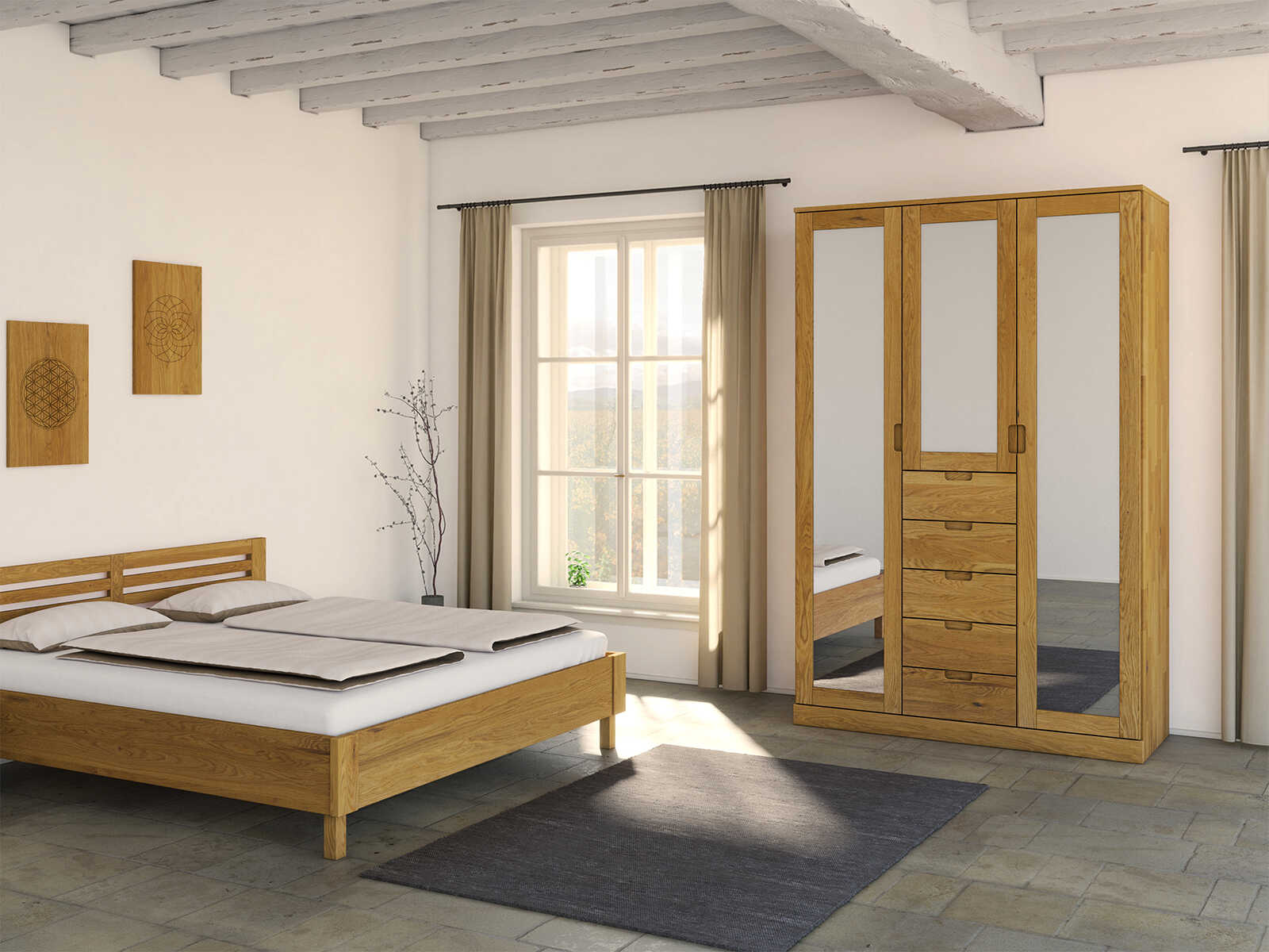 Schlafzimmer mit Eichenschrank „Alpenrose“, 3-türig, Höhe 210 cm, Griffausführung „Lukas