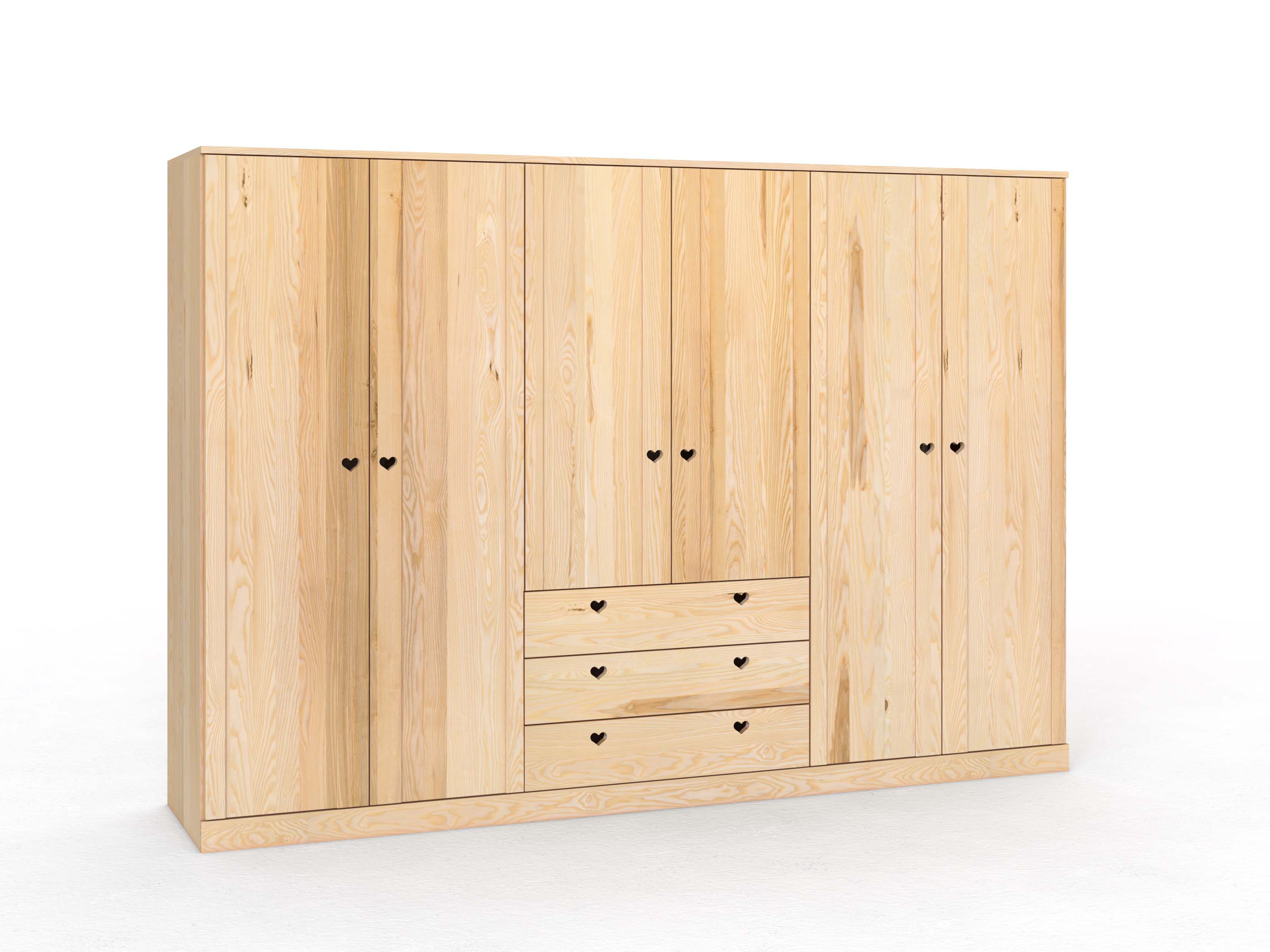 Eschenschrank „Arnika“, 6-türig, Höhe 210 cm, Griffausführung „Heidi“, mit Schubladen