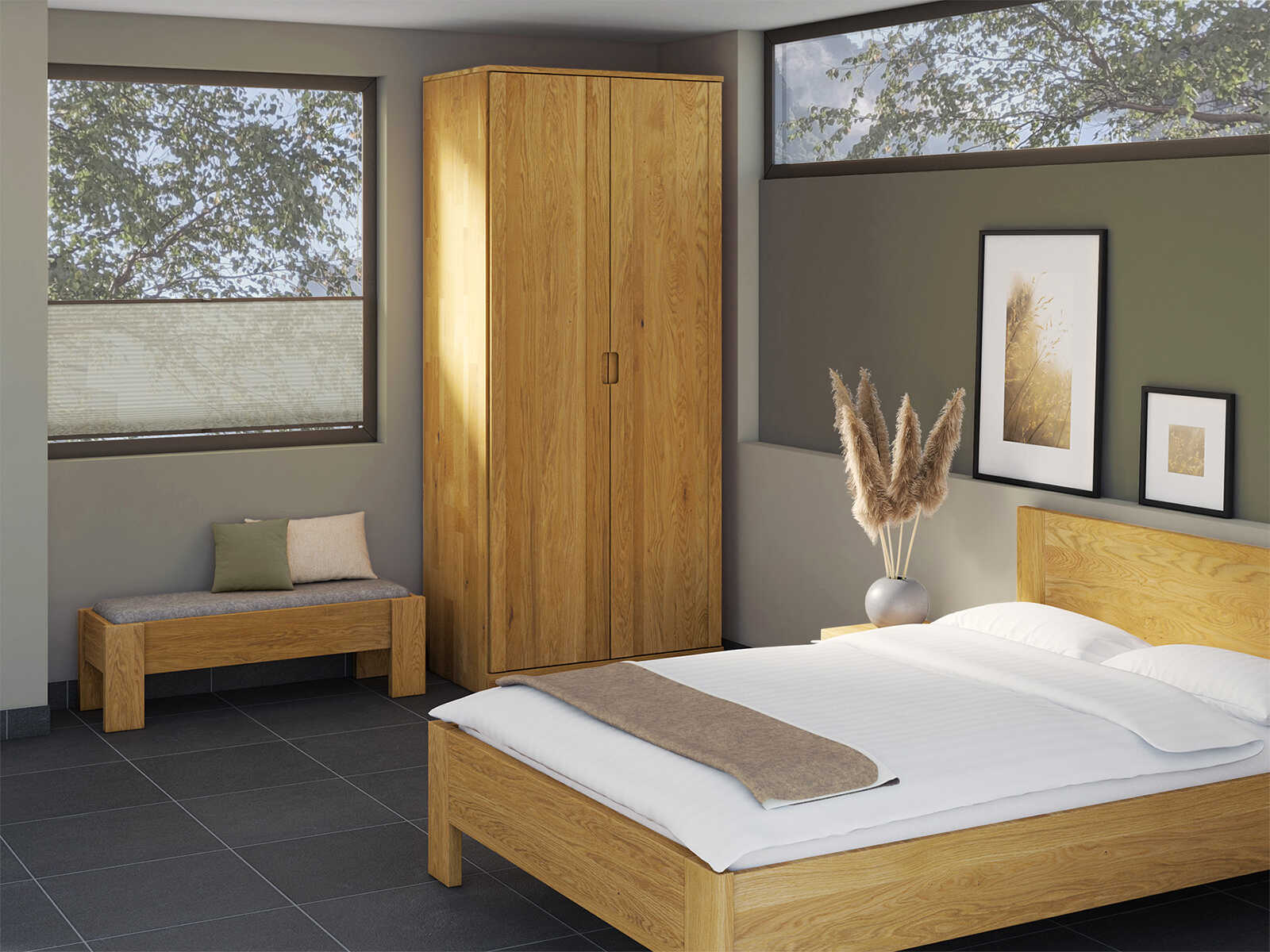 Schlafzimmer mit Eichenschrank „Arnika“, 2-türig, Höhe 235 cm, Griffausführung „Lukas“
