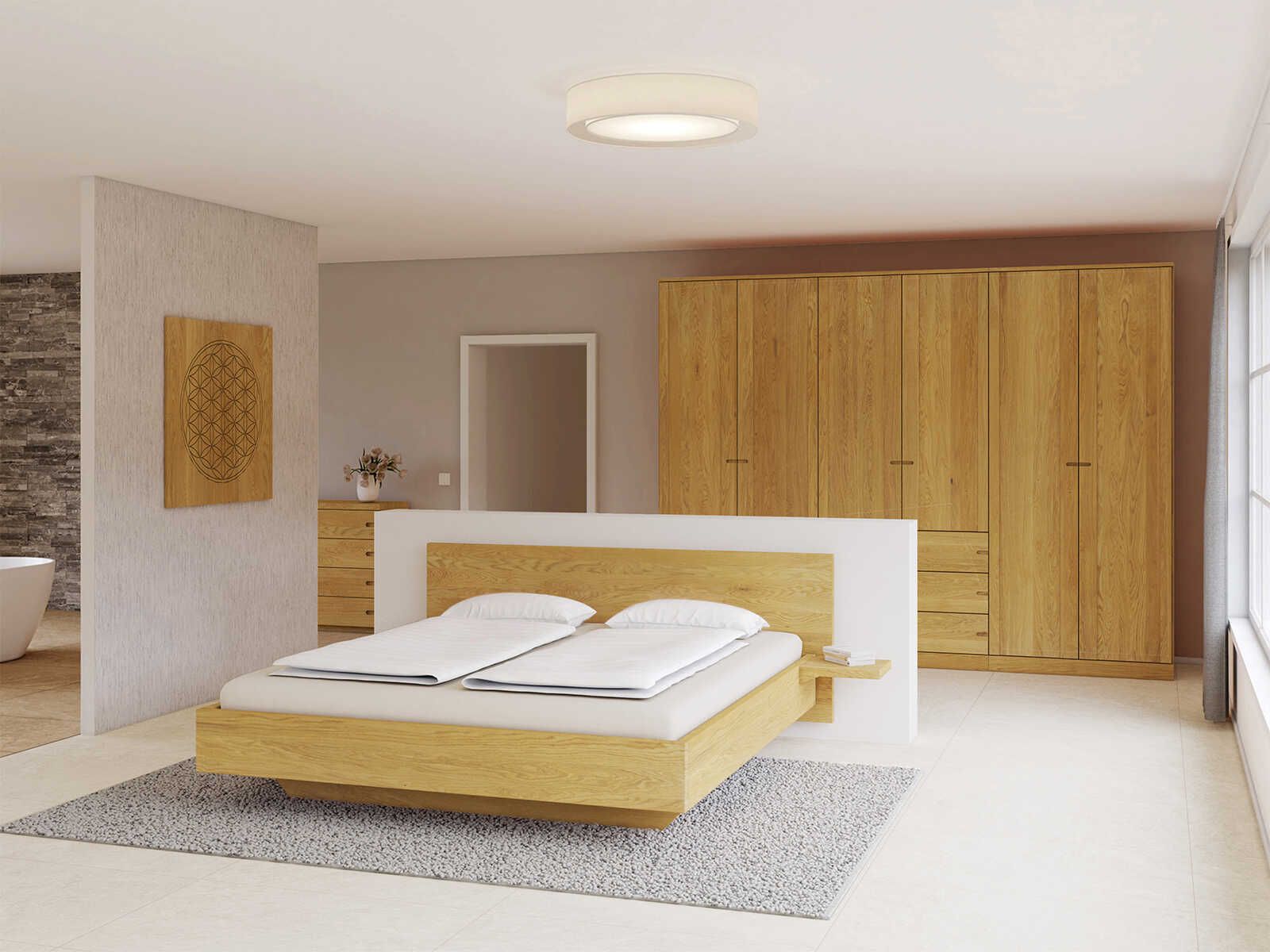 Schlafzimmer mit Eichenschrank „Arnika“, 6-türig, Höhe 235 cm, Griffausführung „Stefan“