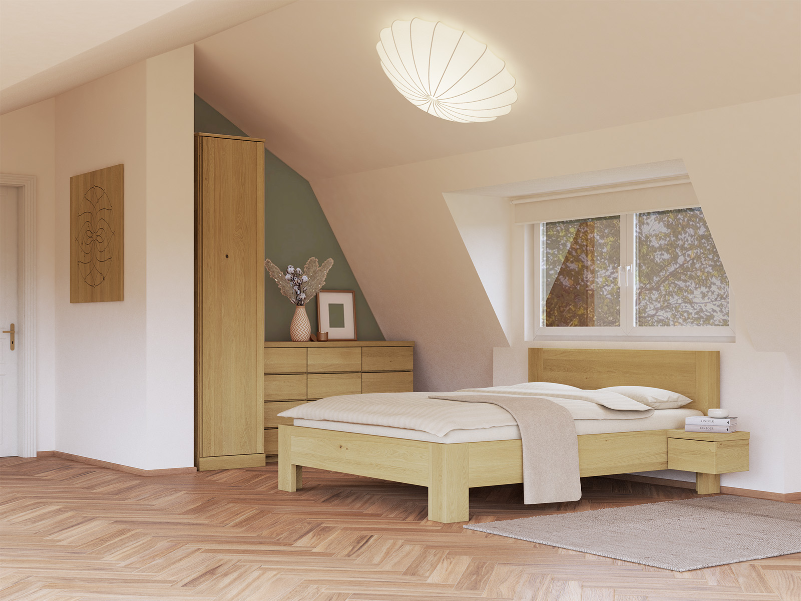 Schlafzimmer mit Schrank „Arnika“ aus Eiche Hell, 1-türig, Höhe 235 cm, Griffausführung „Patrizia“