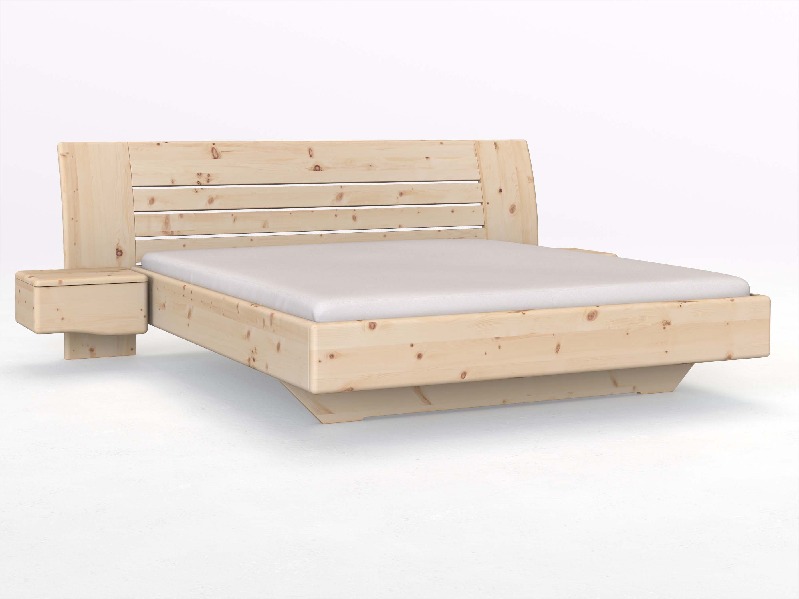 Zirbenbett „Bea“ in 180 x 200 cm mit zwei Nachttischen (50 cm) Griff: Welle