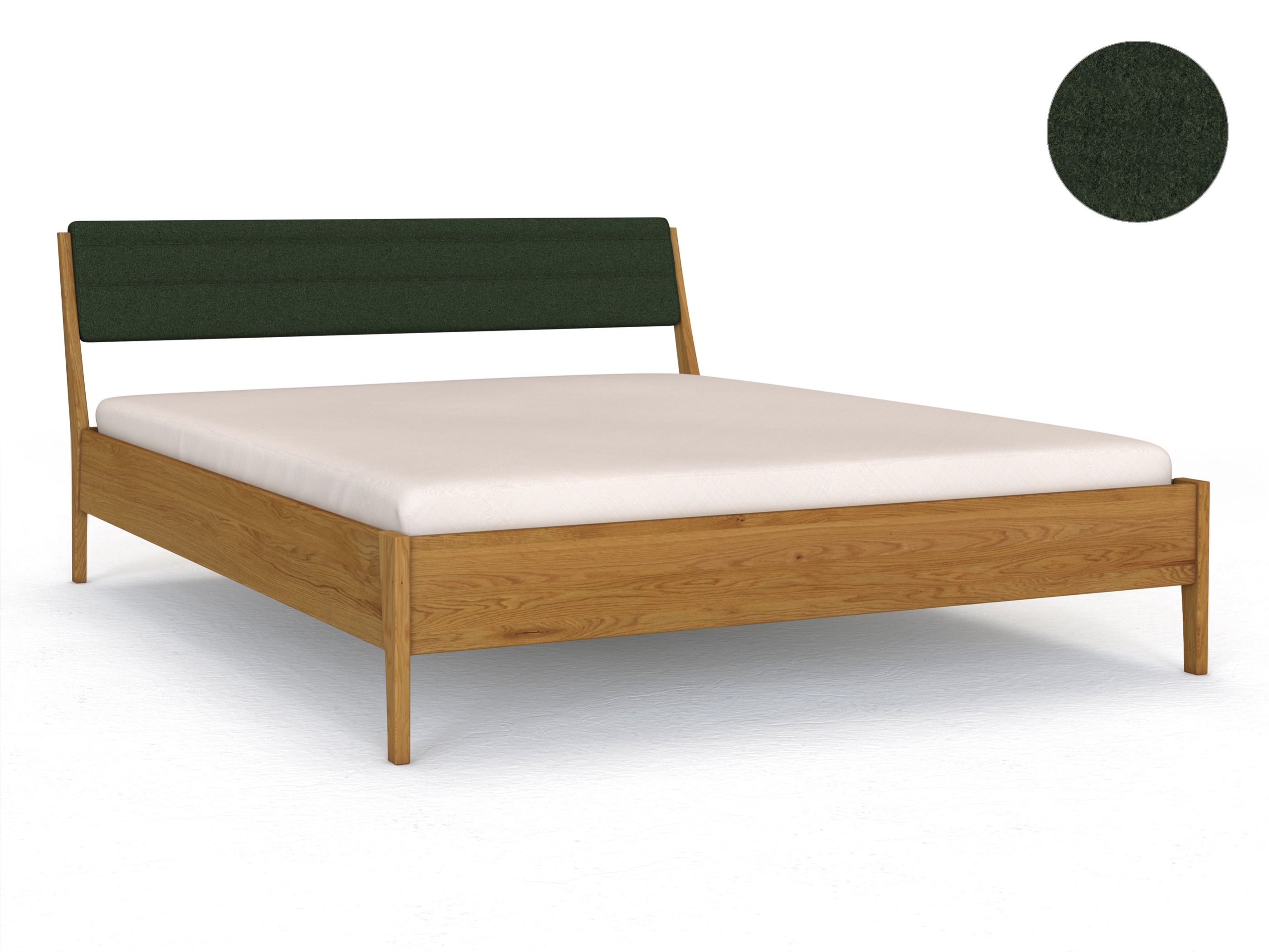 Eichenbett „Oliver“ in 180 x 200 cm, mit Kopfteil „hoch“ - Stoff: Schafschurwolle „Loden“ in der Farbe Tannenwald