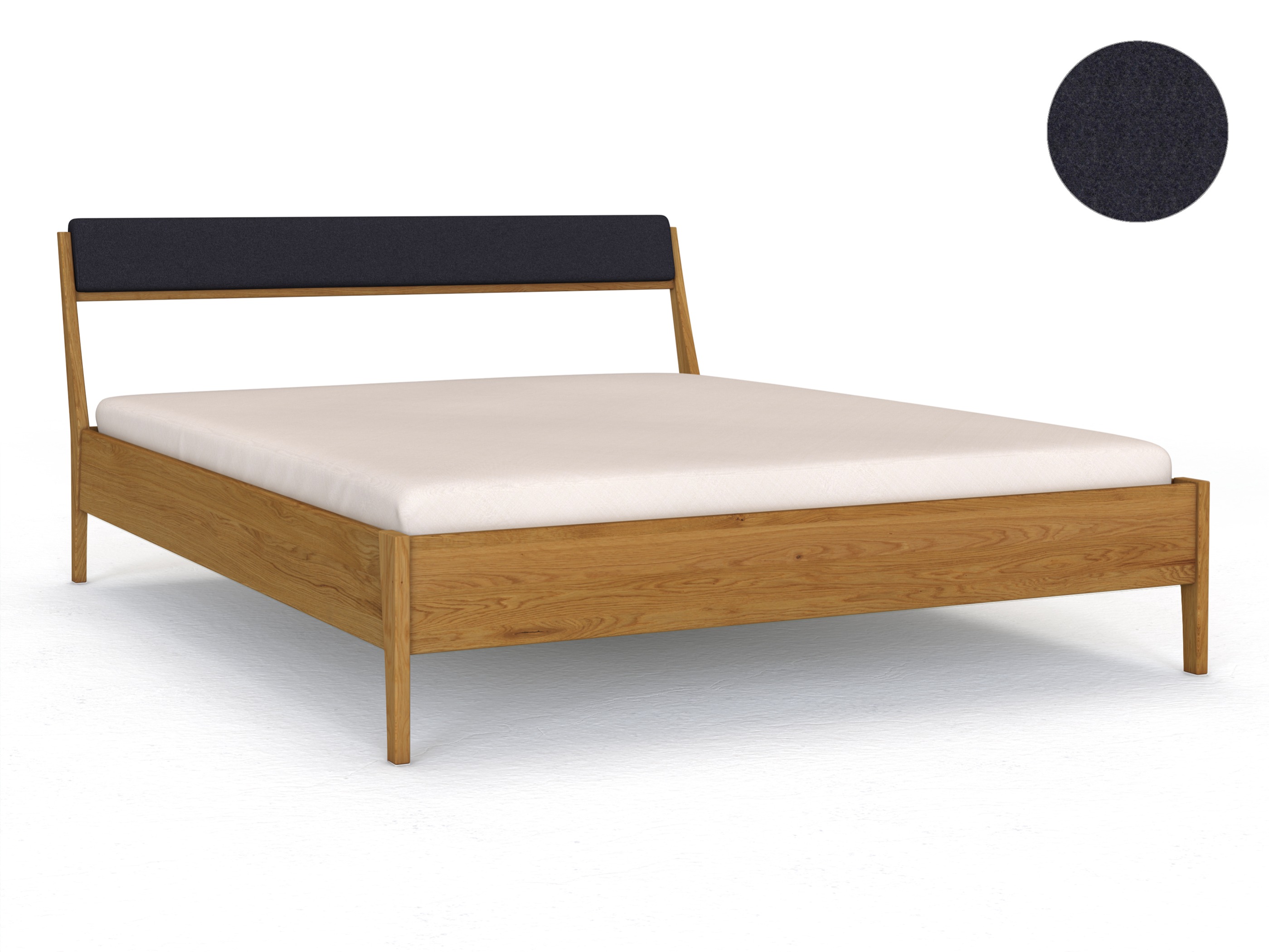 Eichenbett „Oliver“ in 180 x 200 cm, mit Kopfteil „schmal“ - Stoff: Schafschurwolle „Loden“ in der Farbe Nachtblau