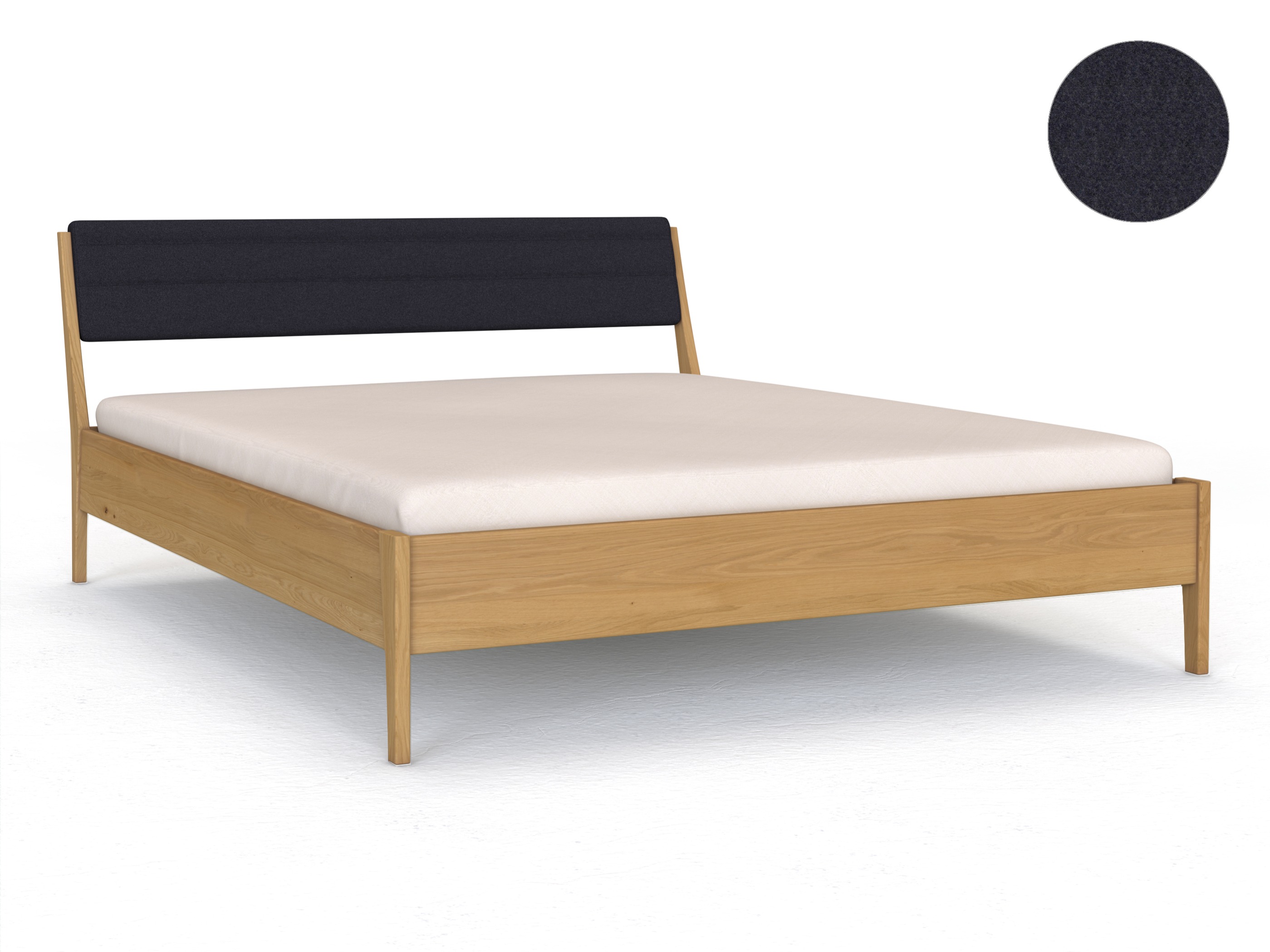 Eichenbett Hell „Oliver“ in 180 x 200 cm, mit Kopfteil „hoch“ - Stoff: Schafschurwolle „Loden“ in der Farbe Nachtblau