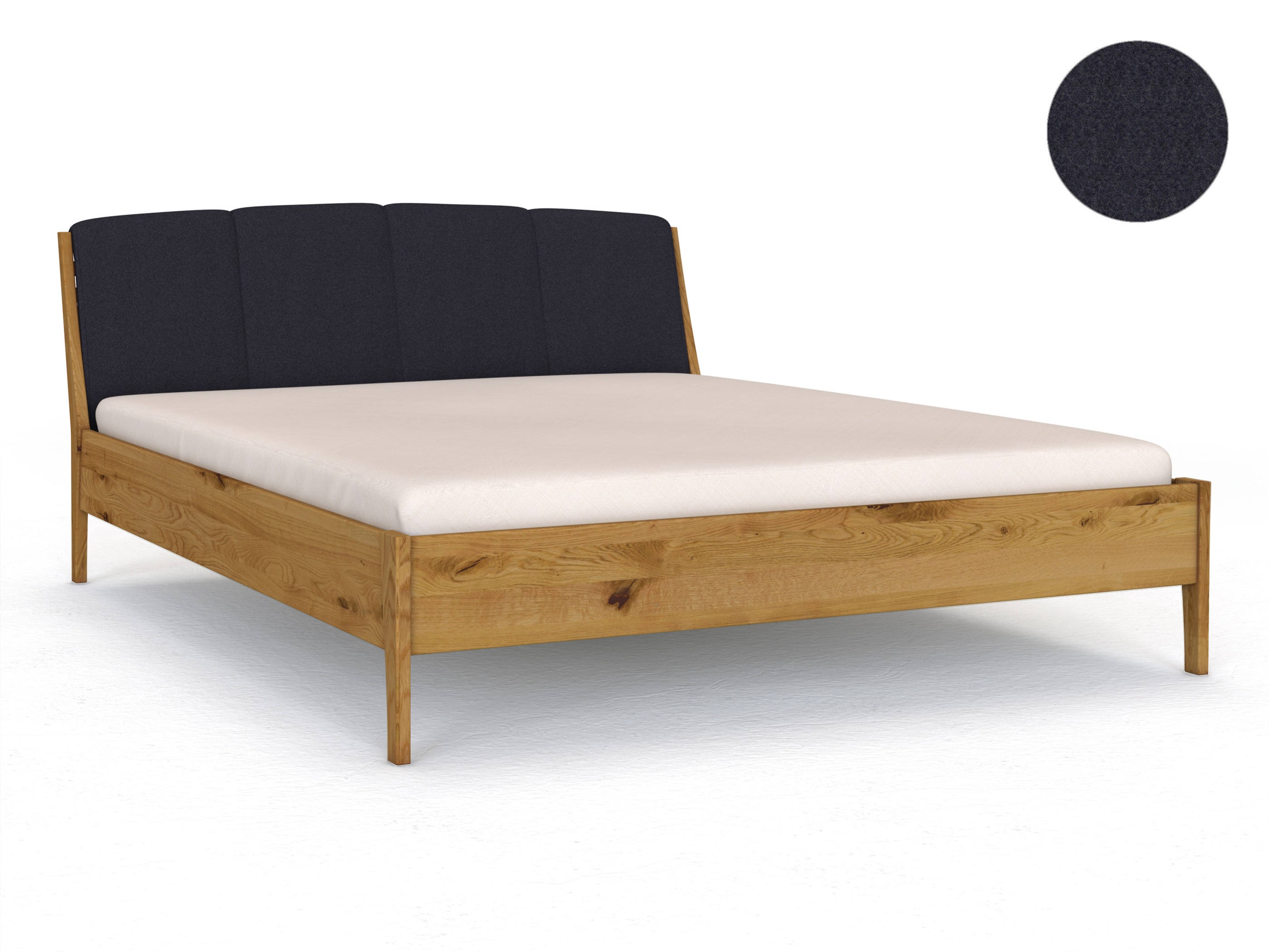 Wildeichenbett „Oliver“ in 180 x 200 cm, mit Kopfteil „genäht“ - Stoff: Schafschurwolle „Loden“ in der Farbe Nachtblau