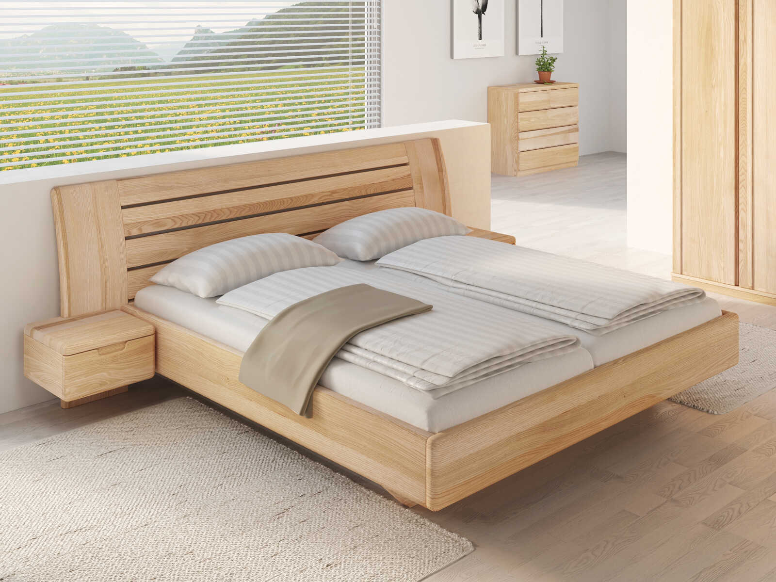 Schlafzimmer aus Massivholz Esche mit Bett „Bettina" 180 x 200 cm mit schmalen Nachttischen