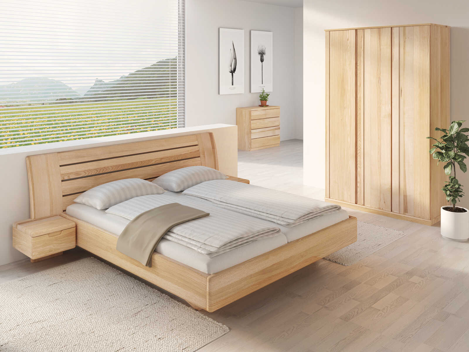 Schlafzimmer aus Massivholz Esche mit Bett „Bettina" 180 x 200 cm mit schmalen Nachttischen
