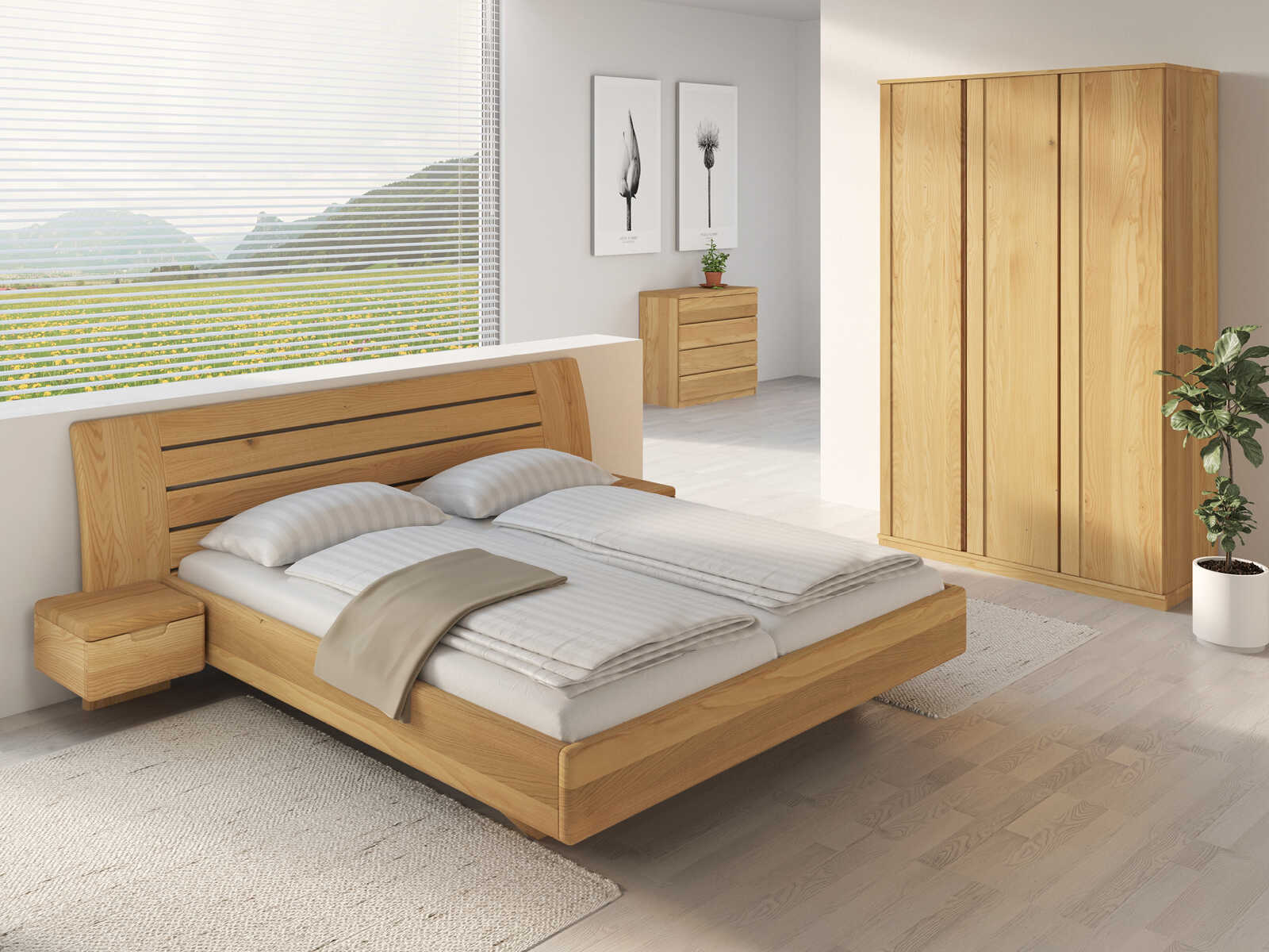 Schlafzimmer aus Massivholz Kastanie mit Bett „Bettina" 180 x 200 cm mit schmalen Nachttischen