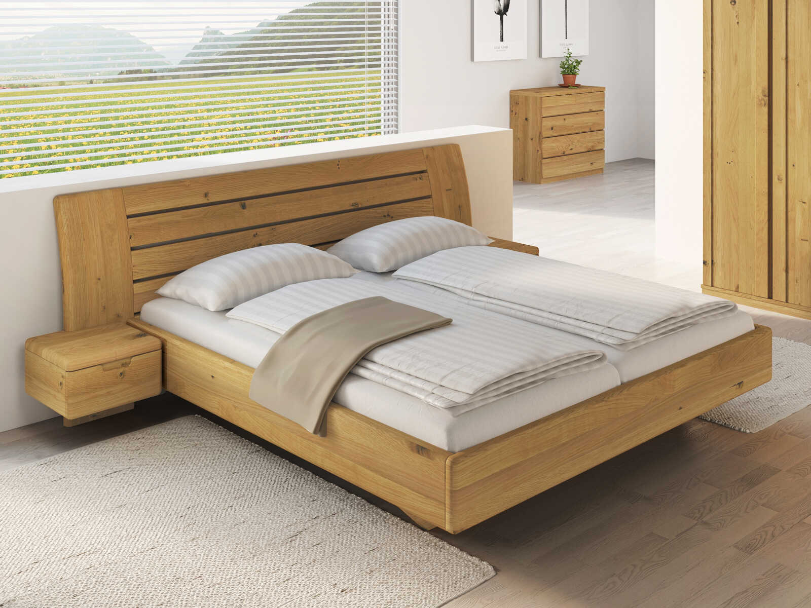 Schlafzimmer aus Massivholz Wildeiche mit Bett „Bettina" 180 x 200 cm mit schmalen Nachttischen