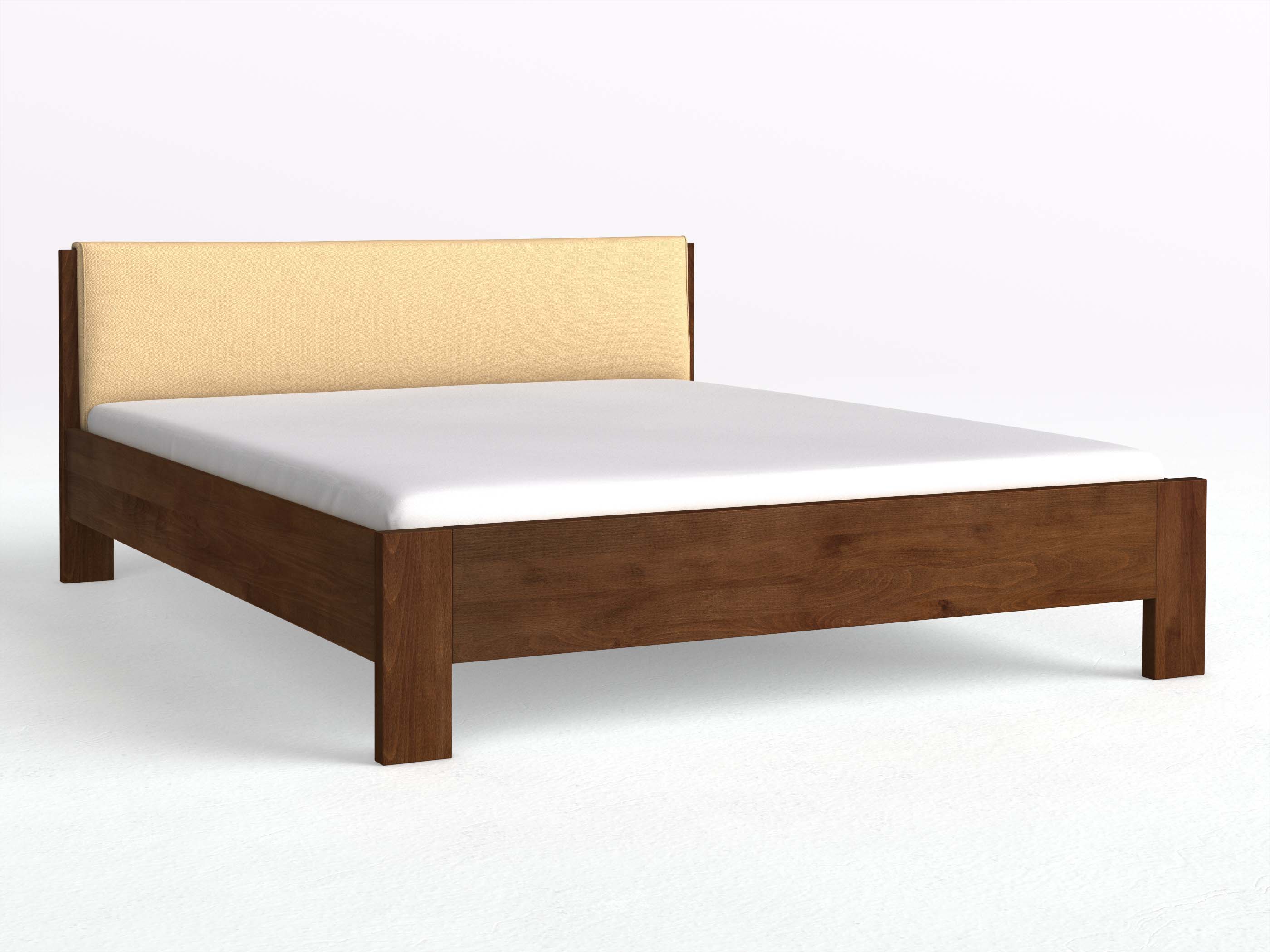 Buchenbett Dunkel „Bianca“ mit Stoffkopfteil - Stoff: Schafschurwolle „Fischgrät“ in der Farbe Goldhirse