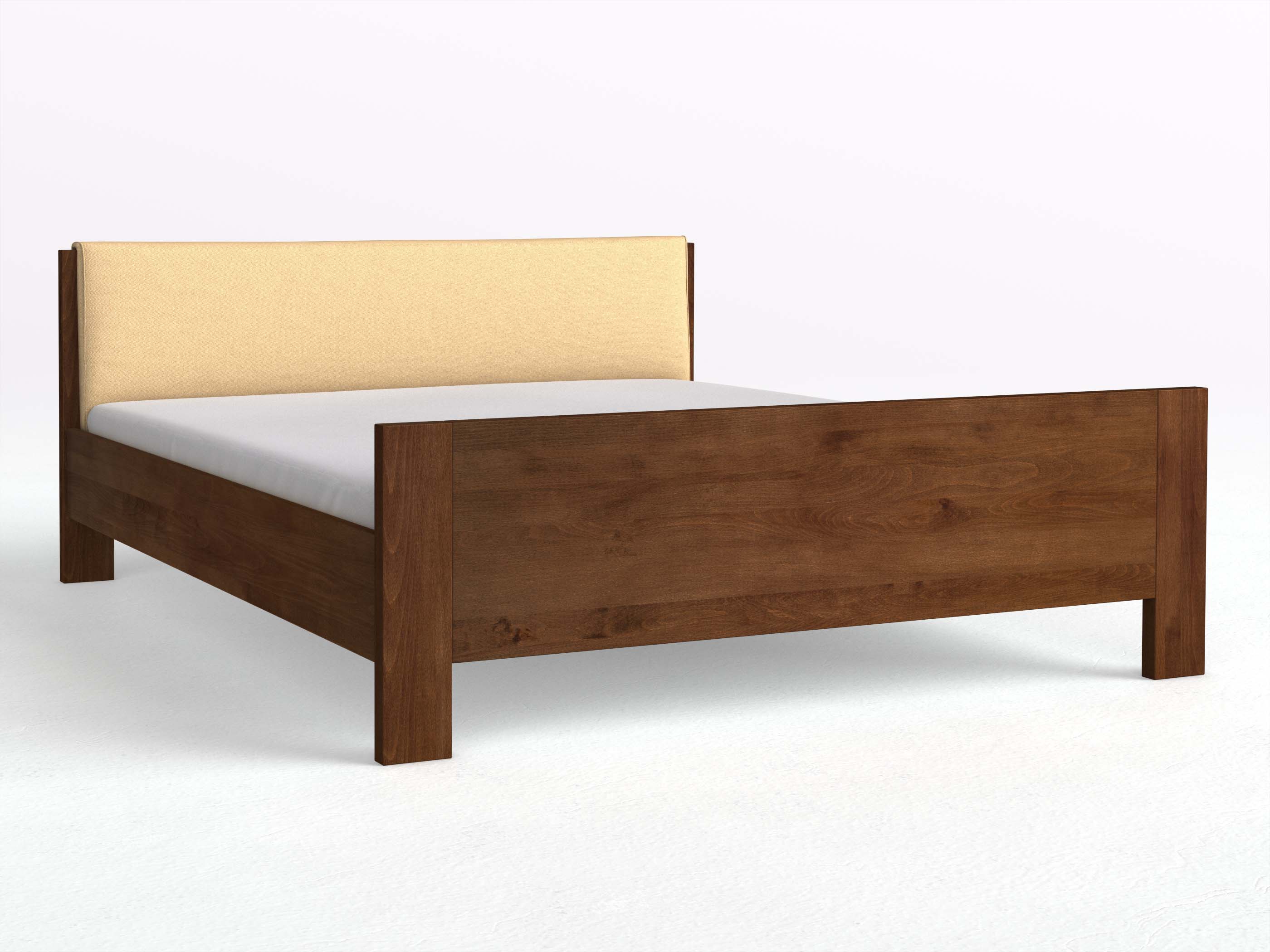 Buchenbett Dunkel „Bianca“ in 180 x 200 cm, mit erhöhtem Fußteil und einem Stoffkopfteil - Stoff: Schafschurwolle „Fischgrät“ in der Farbe Goldhirse