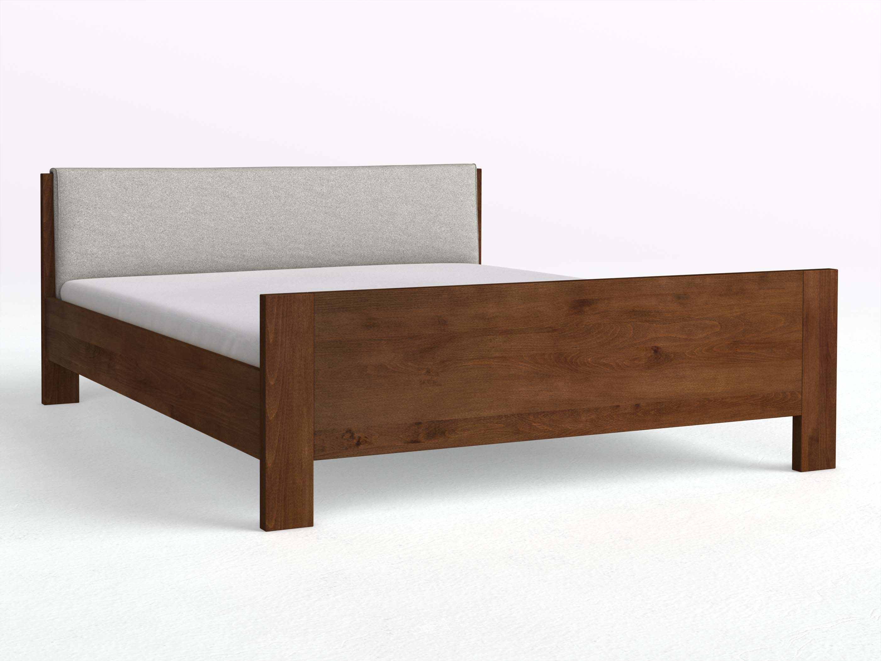 Buchenbett Dunkel „Bianca“ in 180 x 200 cm, mit erhöhtem Fußteil und einem Stoffkopfteil - Stoff: Schafschurwolle „Loden“ in der Farbe Nebelgrau