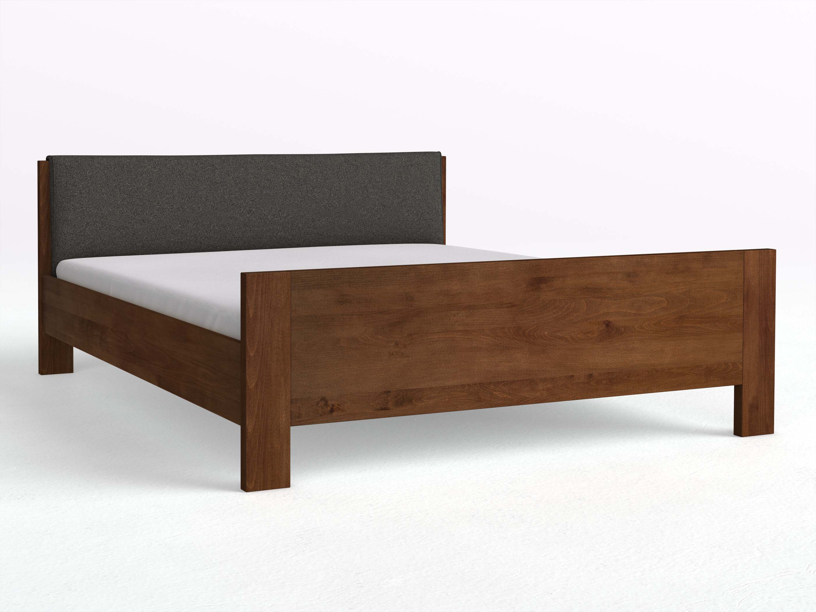 Buchenbett Dunkel „Bianca“ in 180 x 200 cm, mit erhöhtem Fußteil und einem Stoffkopfteil - Stoff: Schafschurwolle „Loden“ in der Farbe Anthrazit