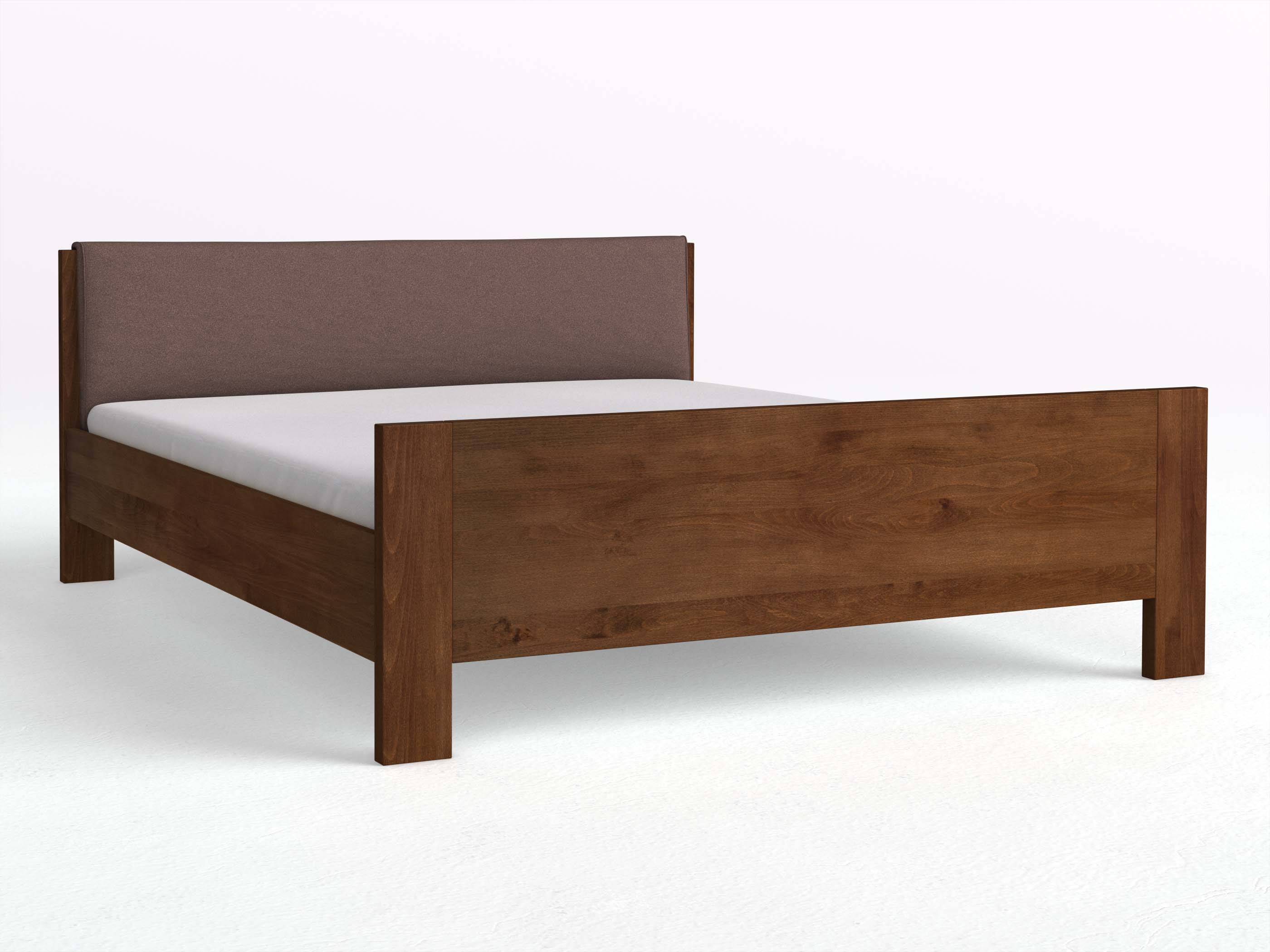 Buchenbett Dunkel „Bianca“ in 180 x 200 cm, mit erhöhtem Fußteil und einem Stoffkopfteil - Stoff: Schafschurwolle „Loden“ in der Farbe Abenddämmerung