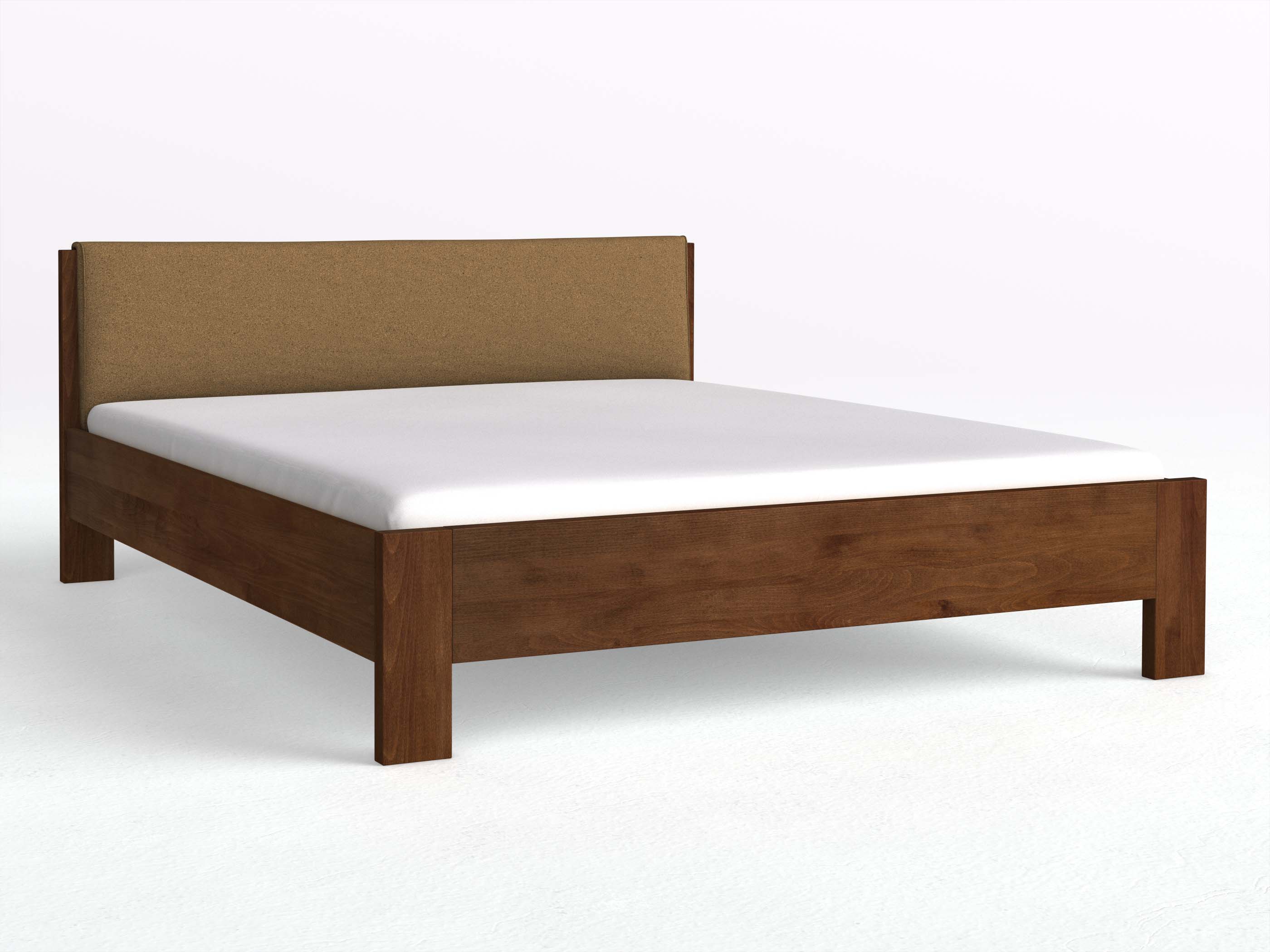 Buchenbett Dunkel „Bianca“ mit Stoffkopfteil - Stoff: Schafschurwolle „Loden“ in der Farbe Zimtrinde