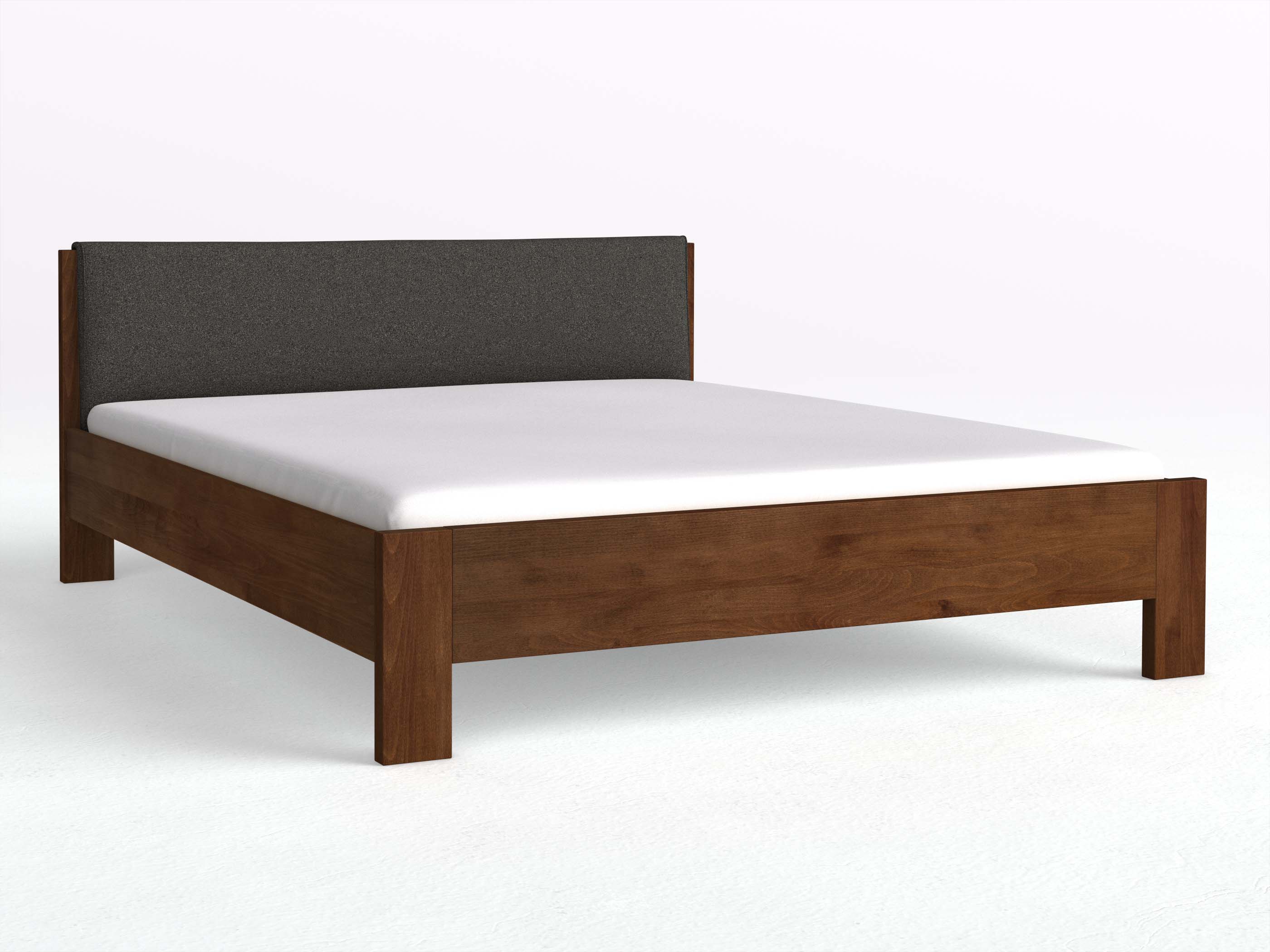 Buchenbett Dunkel „Bianca“ mit Stoffkopfteil - Stoff: Schafschurwolle „Loden“ in der Farbe Anthrazit