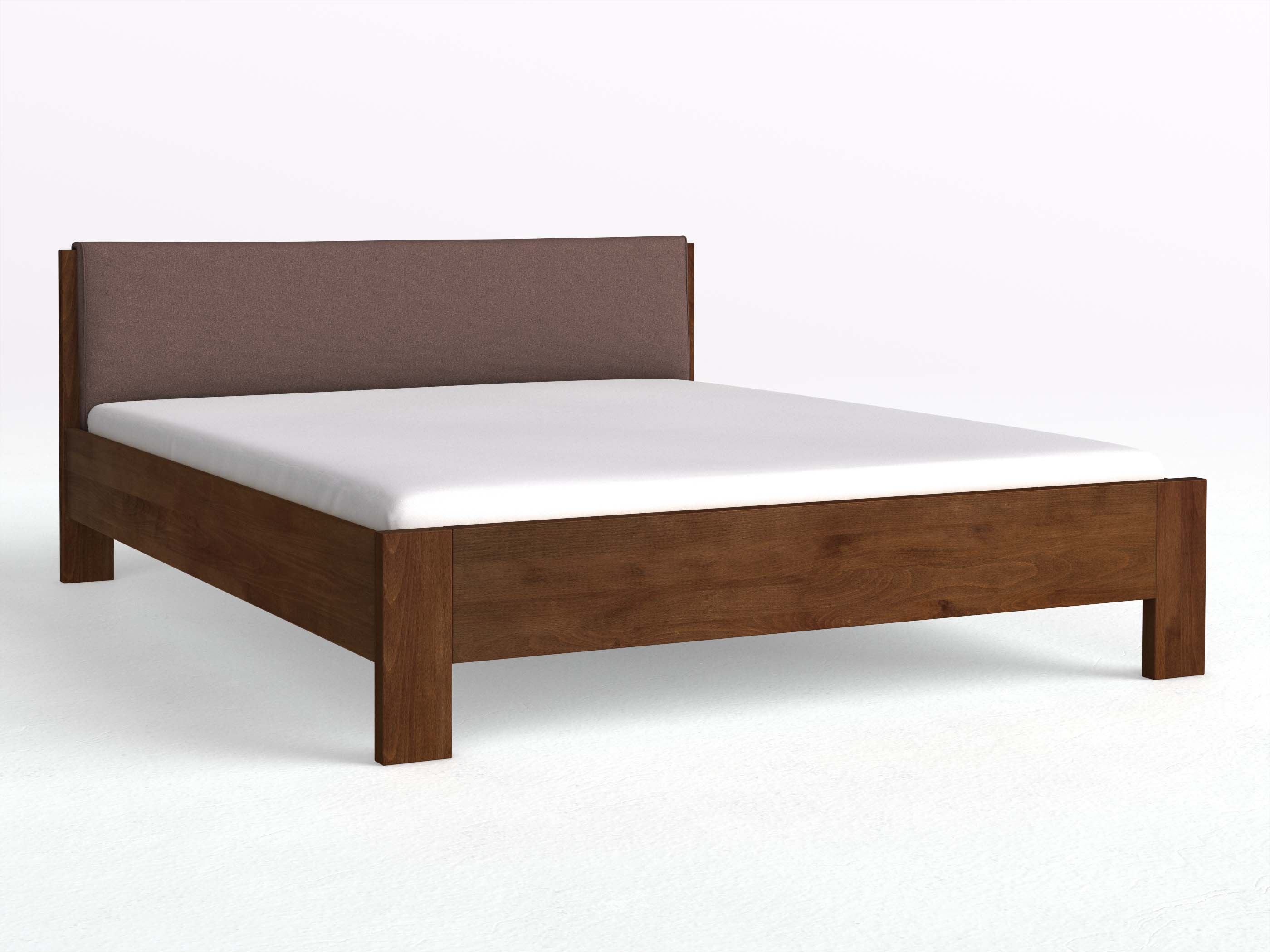 Buchenbett Dunkel „Bianca“ mit Stoffkopfteil - Stoff: Schafschurwolle „Loden“ in der Farbe Abenddämmerung