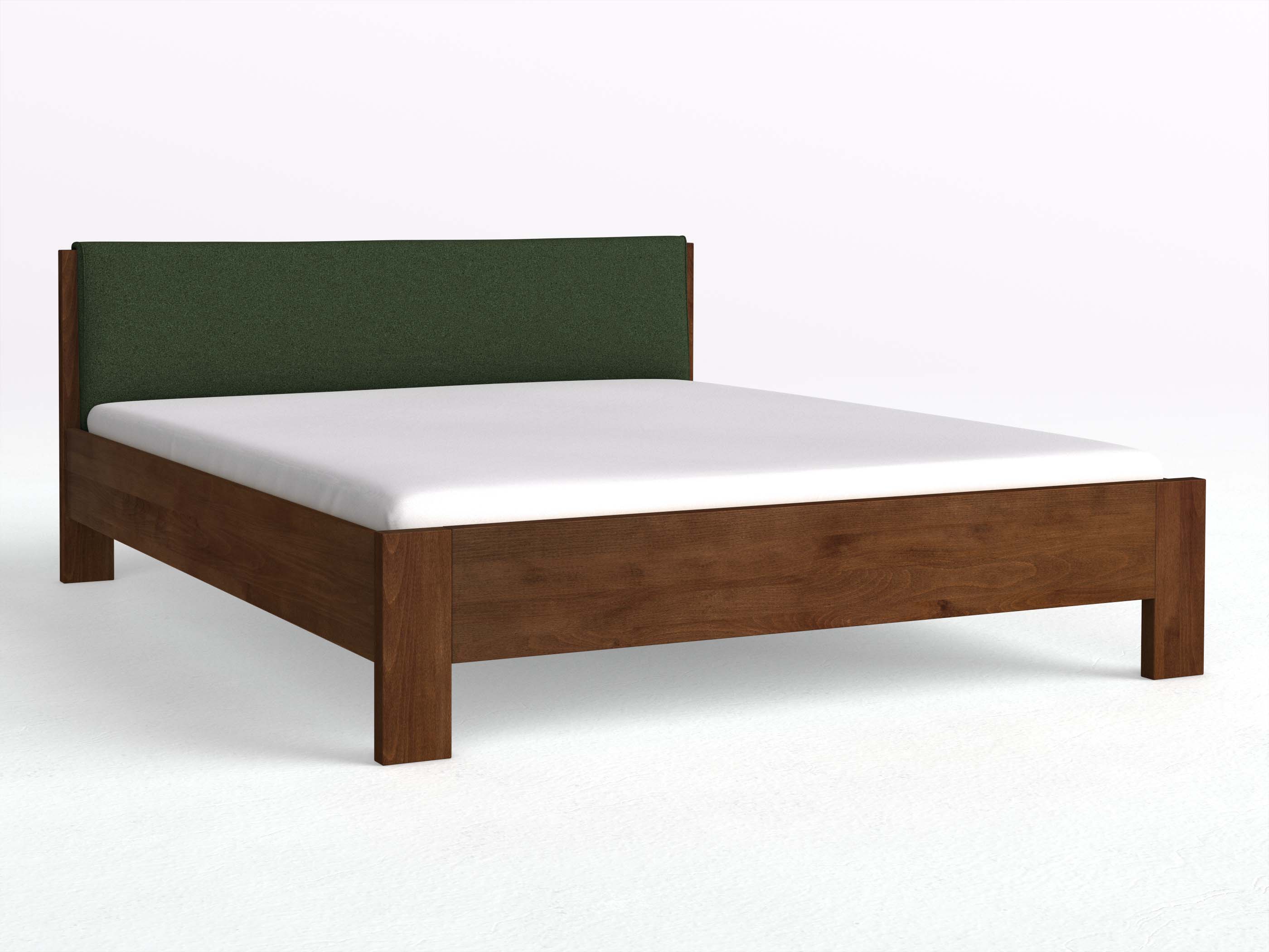 Buchenbett Dunkel „Bianca“ mit Stoffkopfteil - Stoff: Schafschurwolle „Loden“ in der Farbe Tannenwald