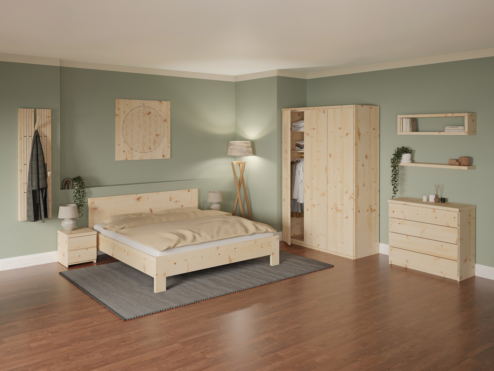 Schlafzimmer mit Zirbenbett „Bianca“ in 180 x 200 cm