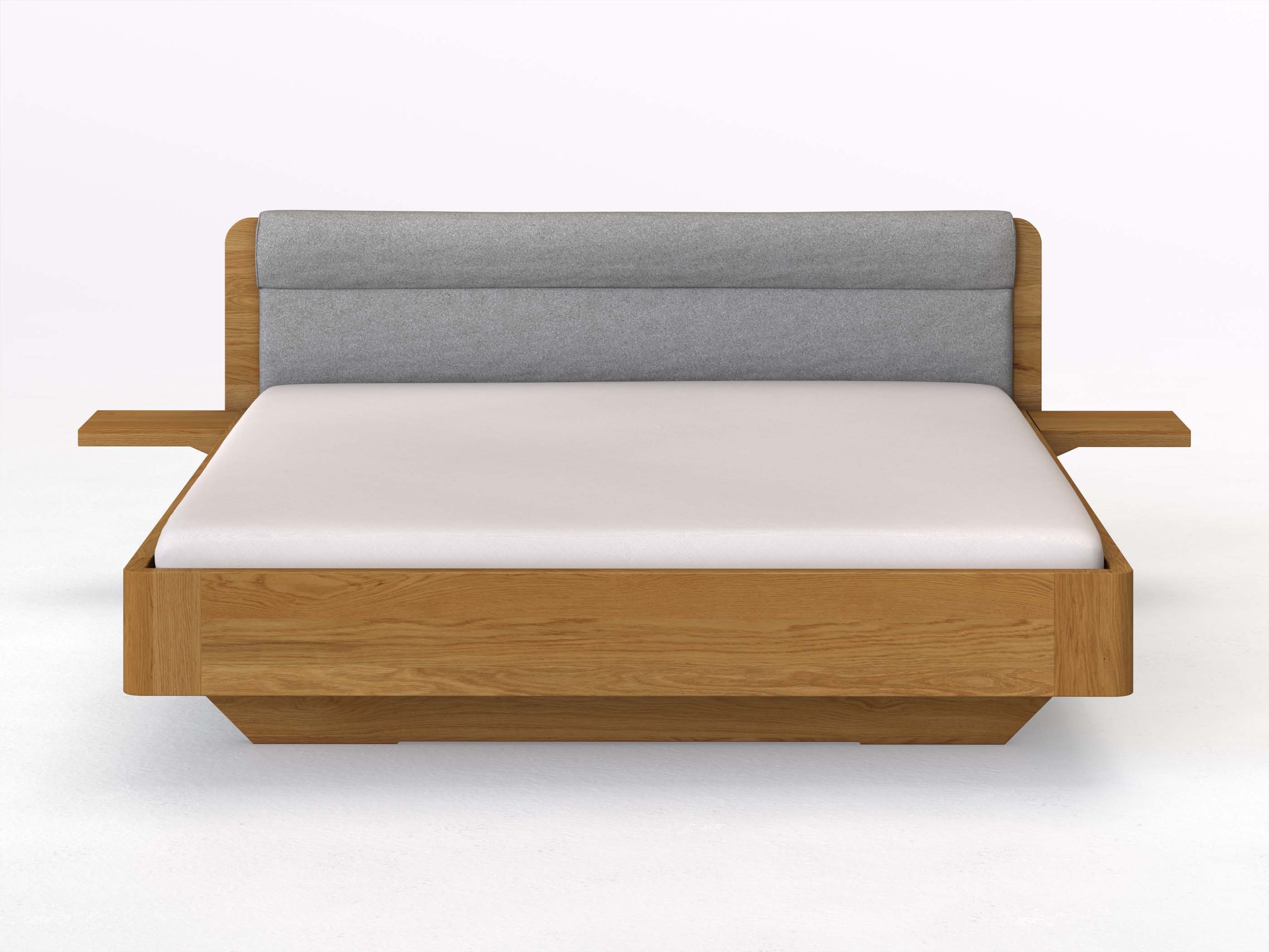 Eichenbett „Clara“ in 180 x 200 cm mit 2 Ablagen und Stoffkopfteil - Stoff: Schafschurwolle „Loden“ in der Farbe Nebelgrau