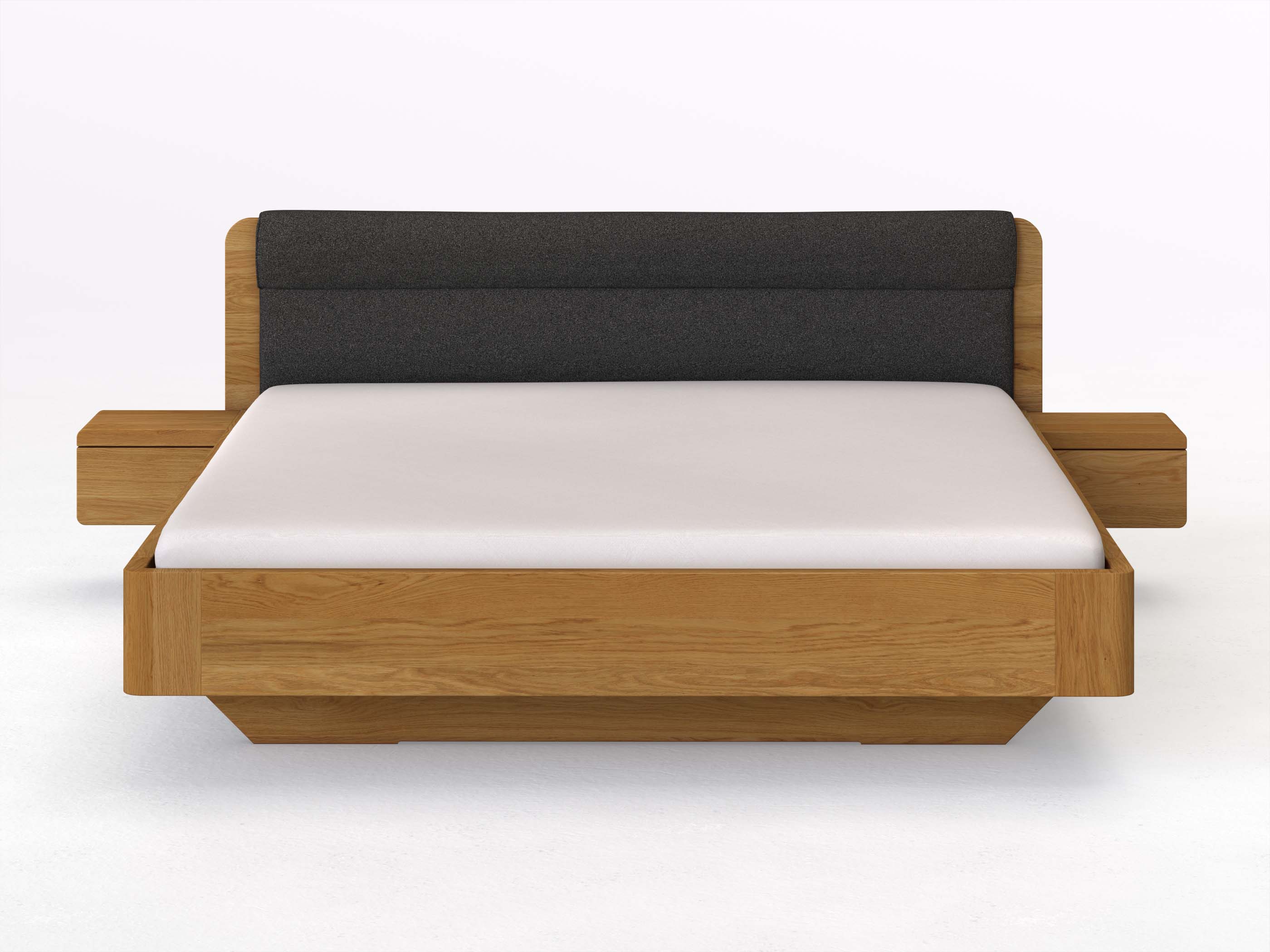 Eichenbett „Clara“ in 180 x 200 cm mit 2 Nachttischen - Griff: Grifflos und Stoffkopfteil - Stoff: Schafschurwolle „Loden“ in der Farbe Anthrazit