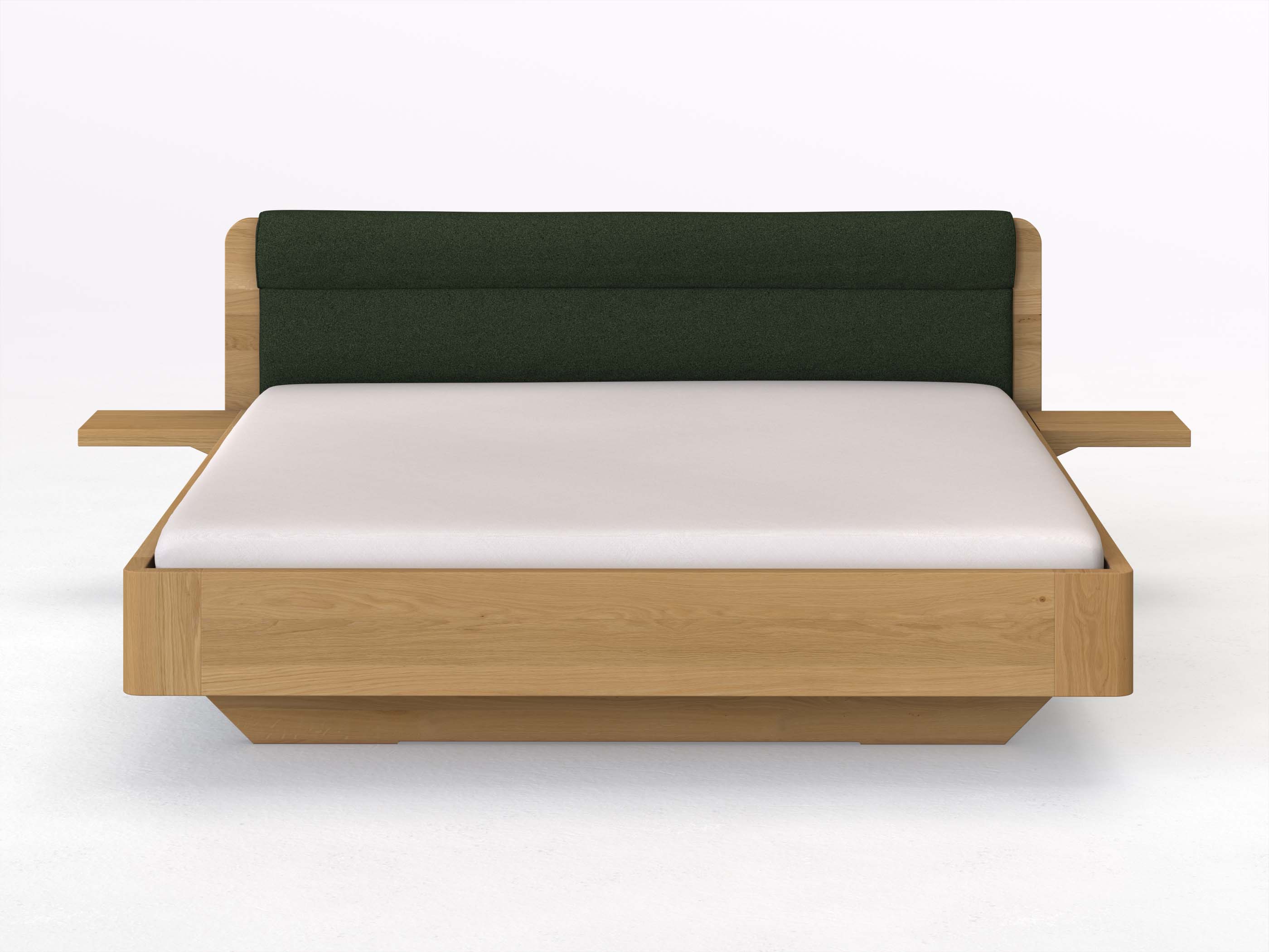 Eichenbett Hell „Clara“ in 180 x 200 cm mit 2 Ablagen und Stoffkopfteil - Stoff: Schafschurwolle „Loden“ in der Farbe Tannenwald