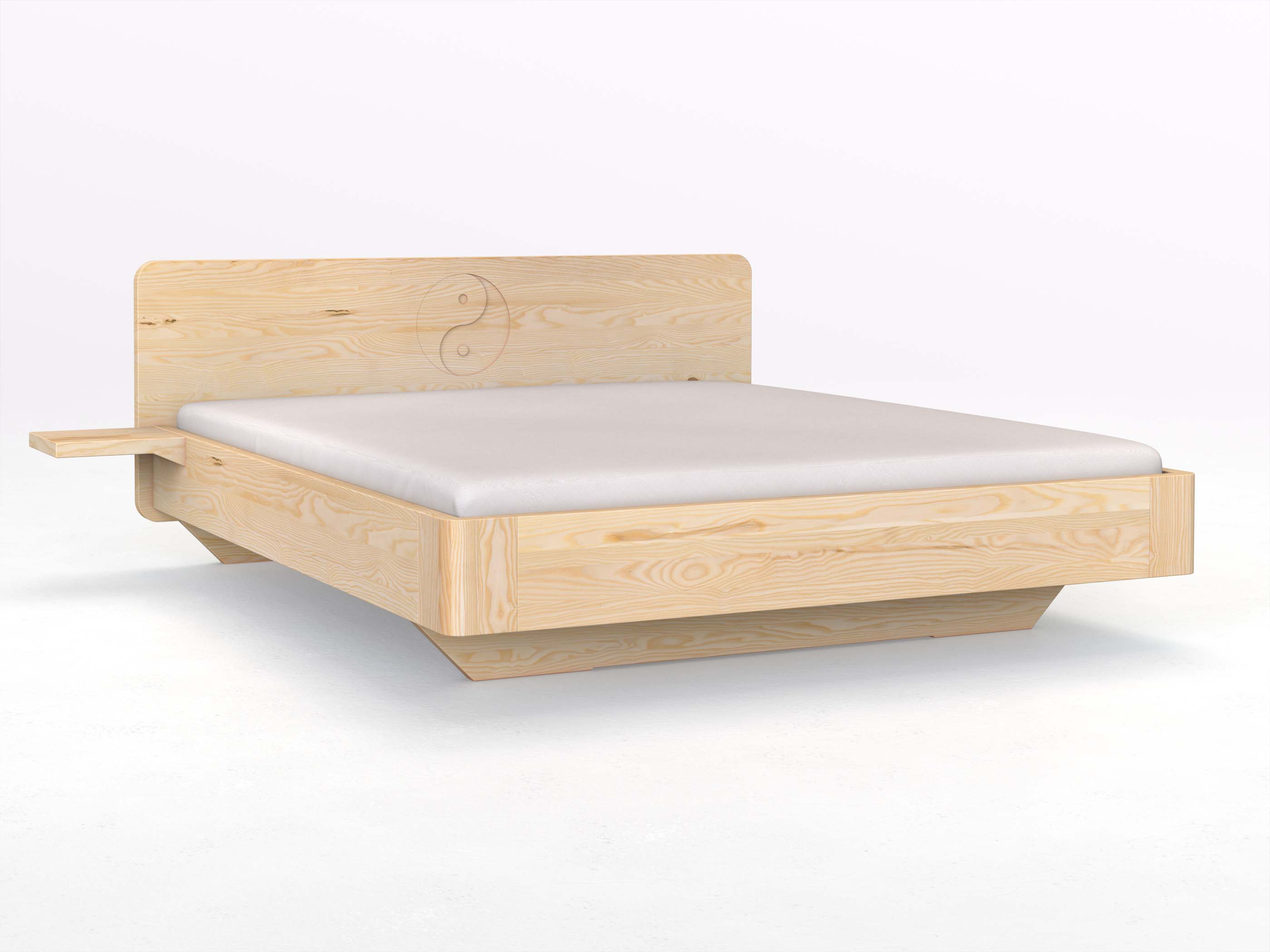 Eschenbett „Clara“ mit 2 Ablagen und der Gravur „Yin + Yang“