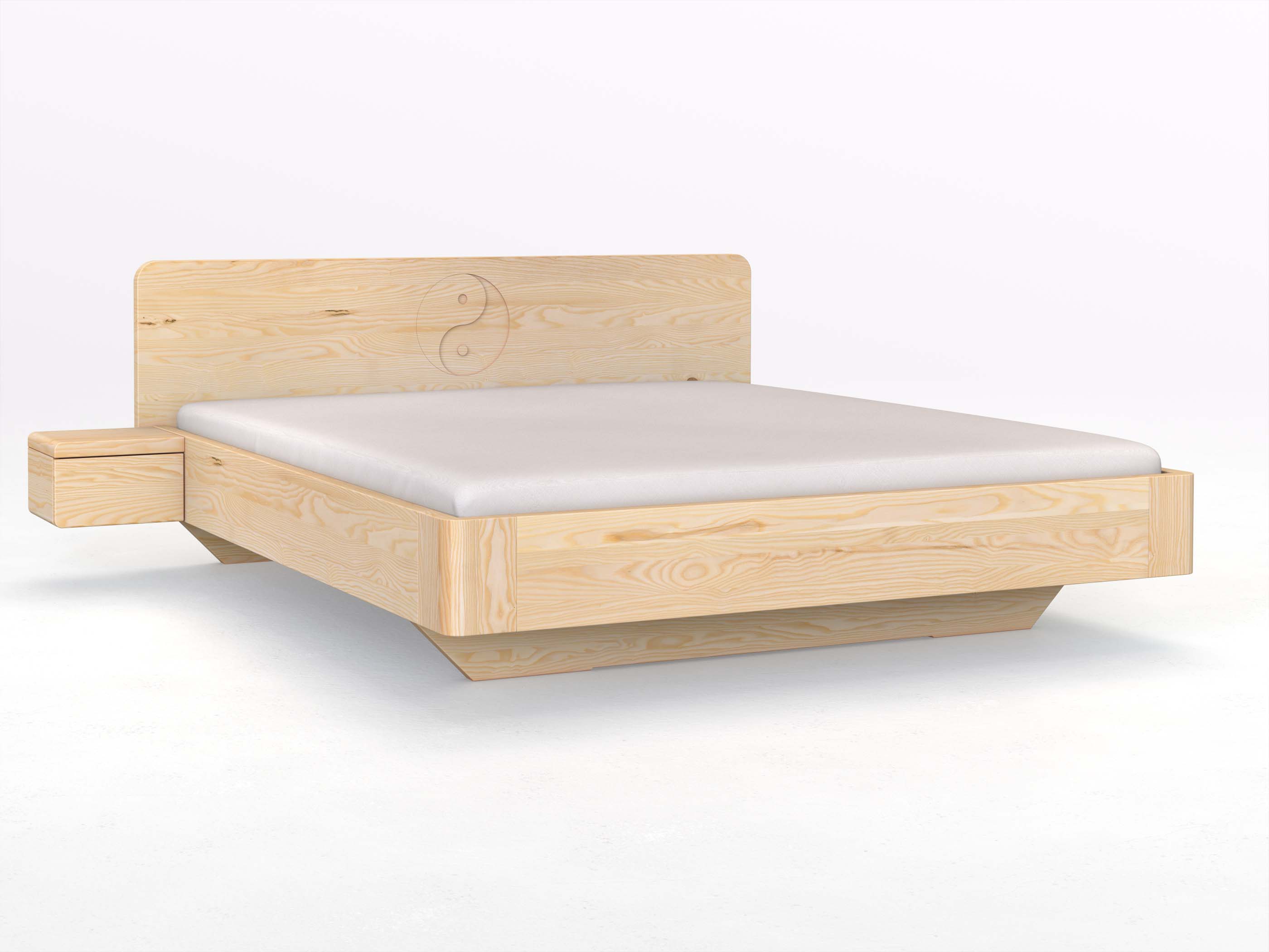Eschenbett „Clara“ mit 2 Nachttischen Griff: Grifflos und der Gravur „Yin Yang“