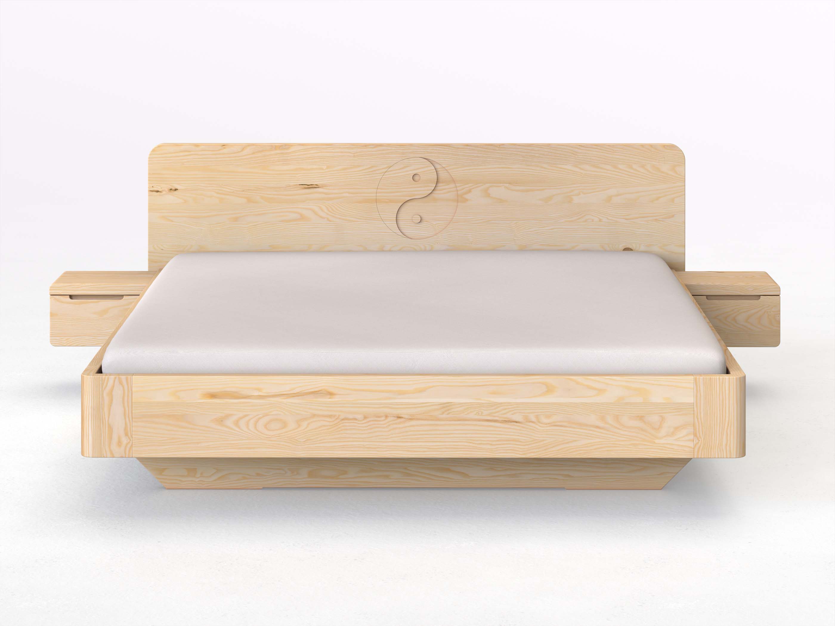 Eschenbett „Clara“ mit 2 Nachttischen Griff: Griffleiste B und der Gravur „Yin + Yang“
